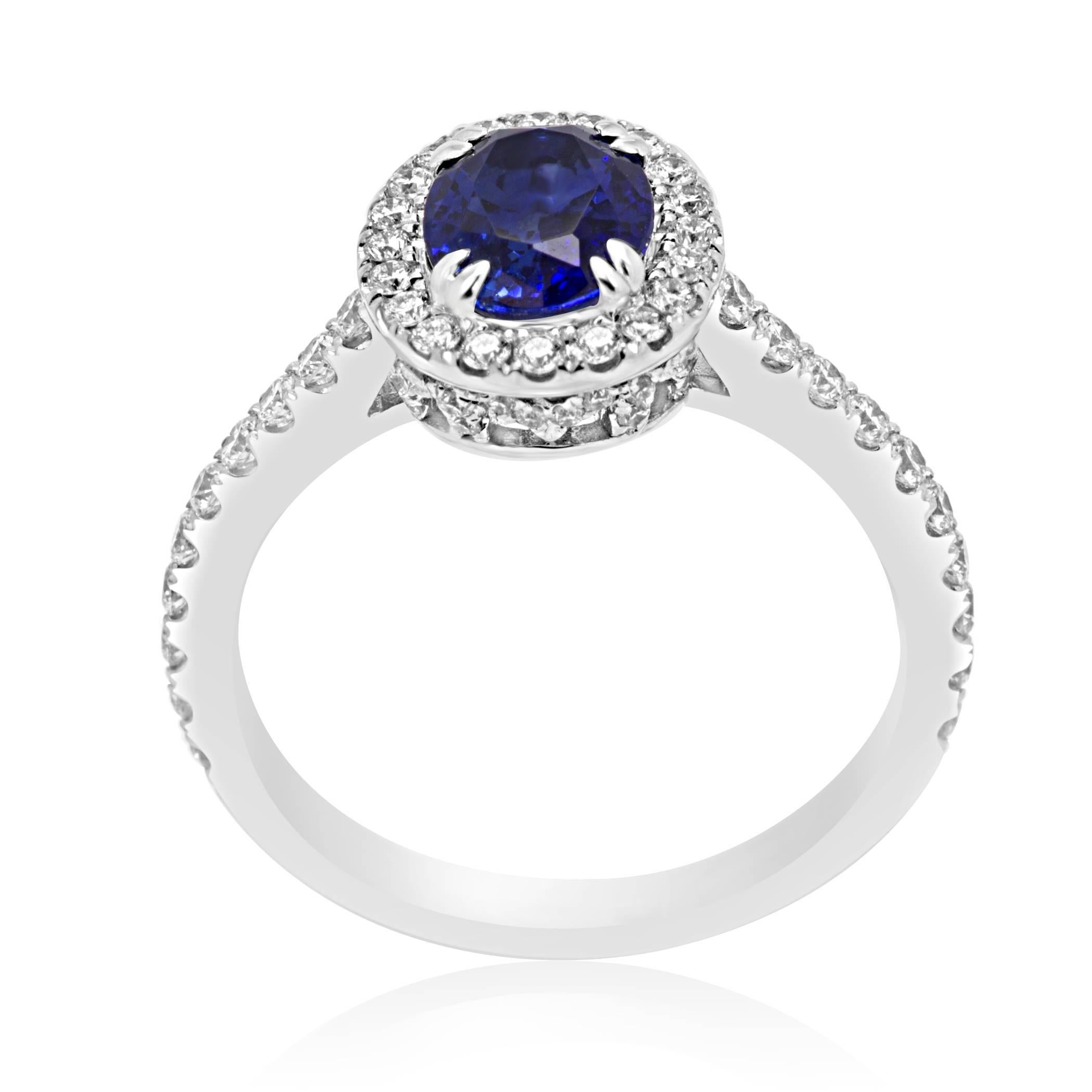 Modern Blue Sapphire Oval Diamond Round Halo White Gold Bridal Fashion Cocktail Ring
