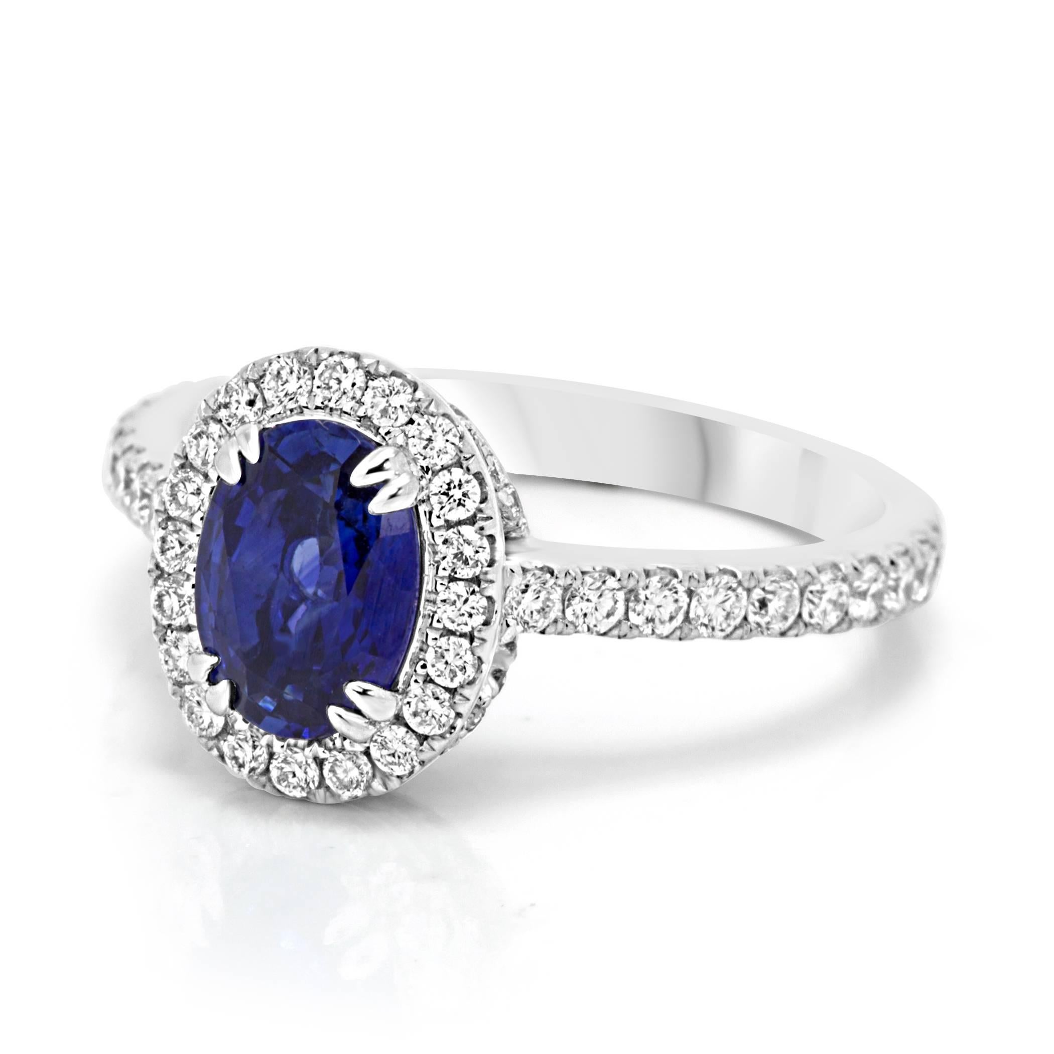 Gorgeous Natural Blue Sapphire Oval 1.32 Carat Encircled in a single Halo of White Diamond 0.65 Carat in 14K White Gold Classic and Intricate Bridal as well as Fashion Ring. 

Style available in different price ranges. Prices are based on your