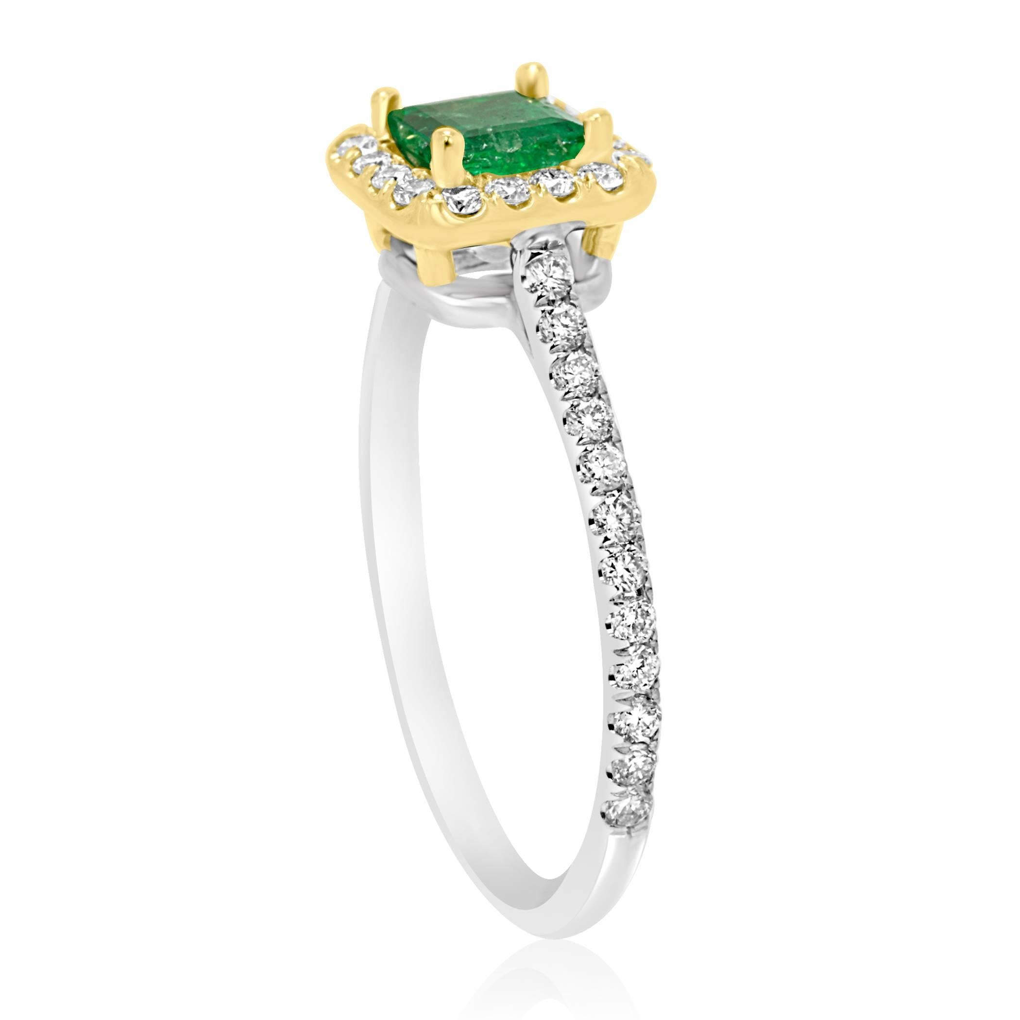 Emerald Cut Emerald Square Diamond Round Halo Two-Color Gold Bridal Fashion Cocktail Ring