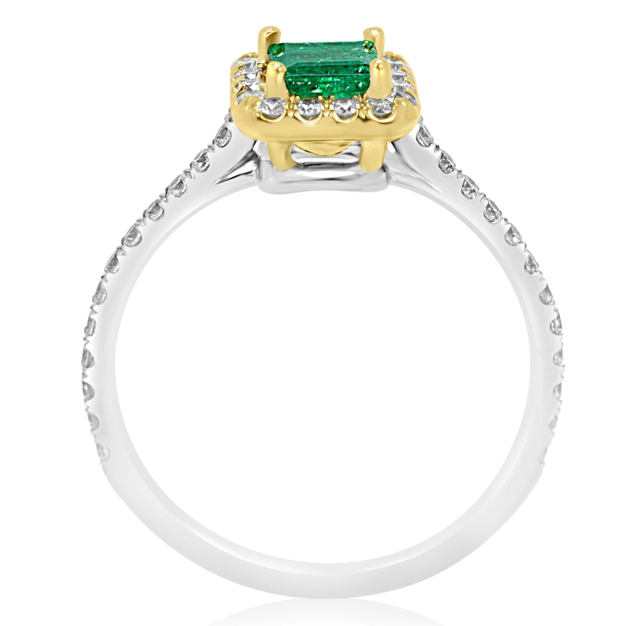 Emerald Square Diamond Round Halo Two-Color Gold Bridal Fashion Cocktail Ring In New Condition In NEW YORK, NY
