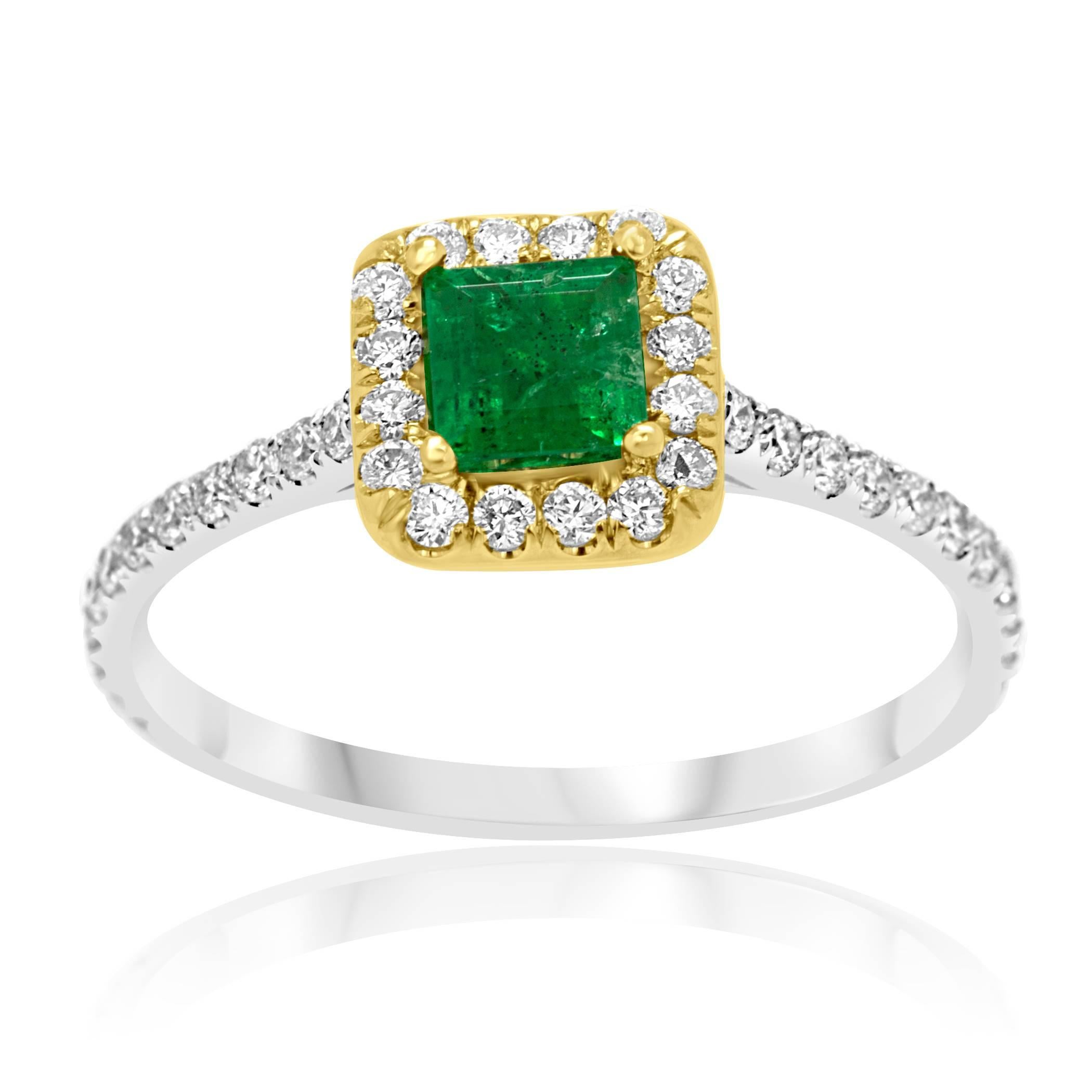 Natural Zambian Emerald Square 0.40 Carat Encircled in a Single Halo of White Diamond 0.36 Carat in 18K White and Yellow Gold Delicate and Classic Bridal as well as Fashion Ring.

Style available in different price ranges. Prices are based on your