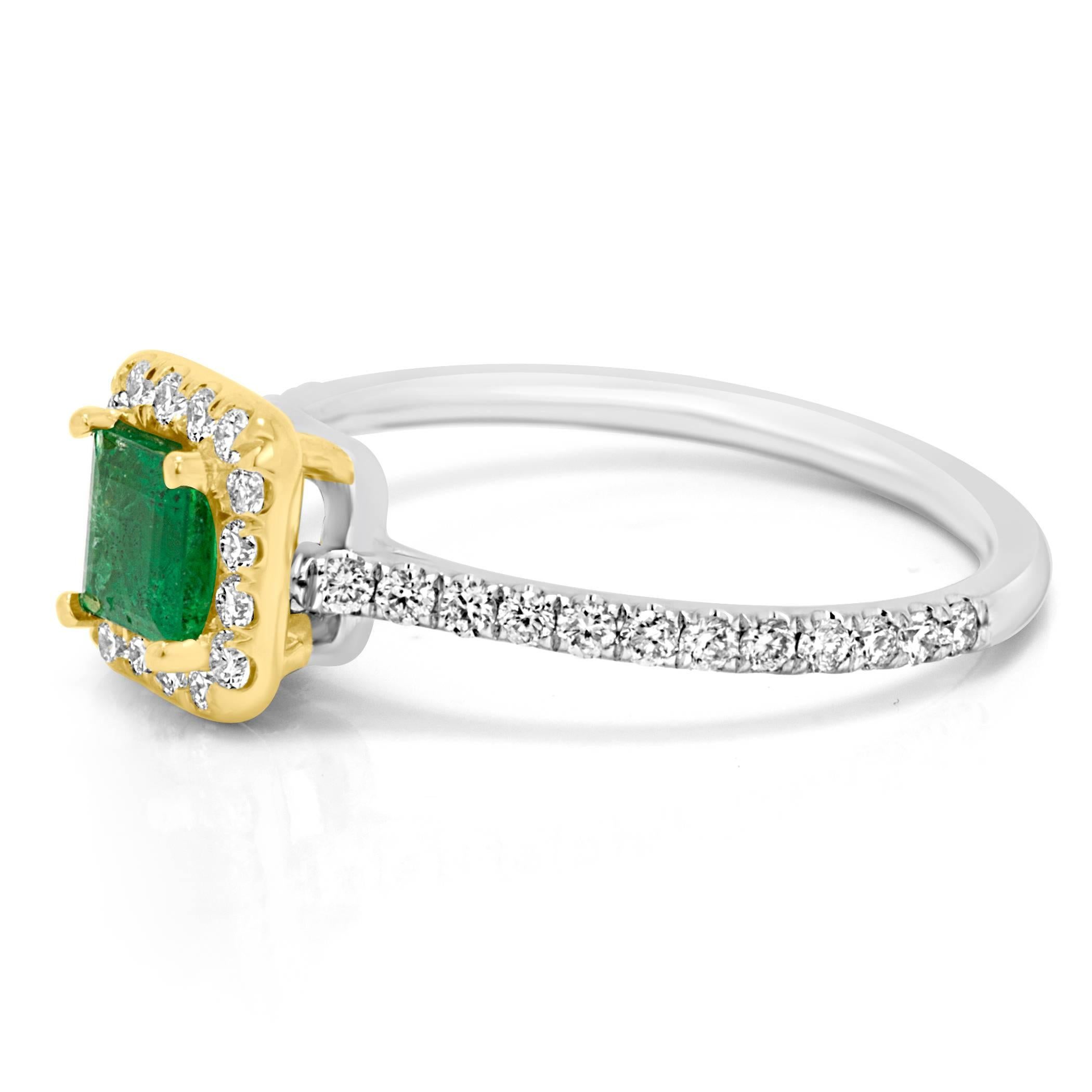 Modern Emerald Square Diamond Round Halo Two-Color Gold Bridal Fashion Cocktail Ring