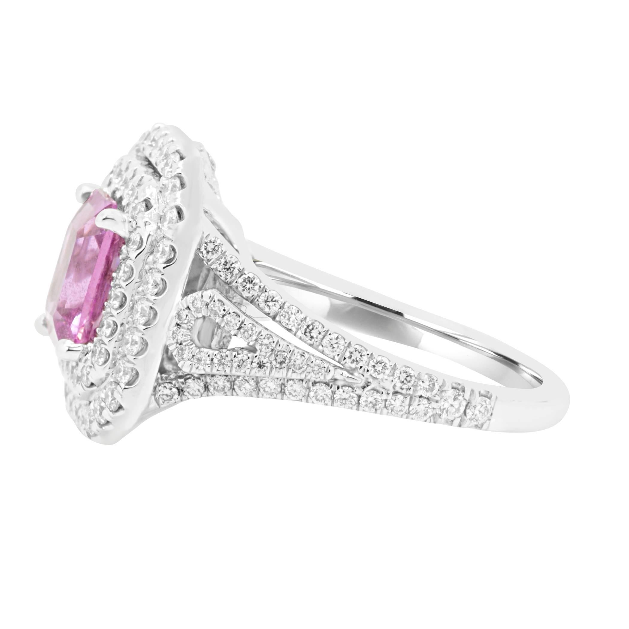 Emerald Cut GIA Certified No Heat Pink Sapphire Diamond Double Halo Bridal Fashion  Ring