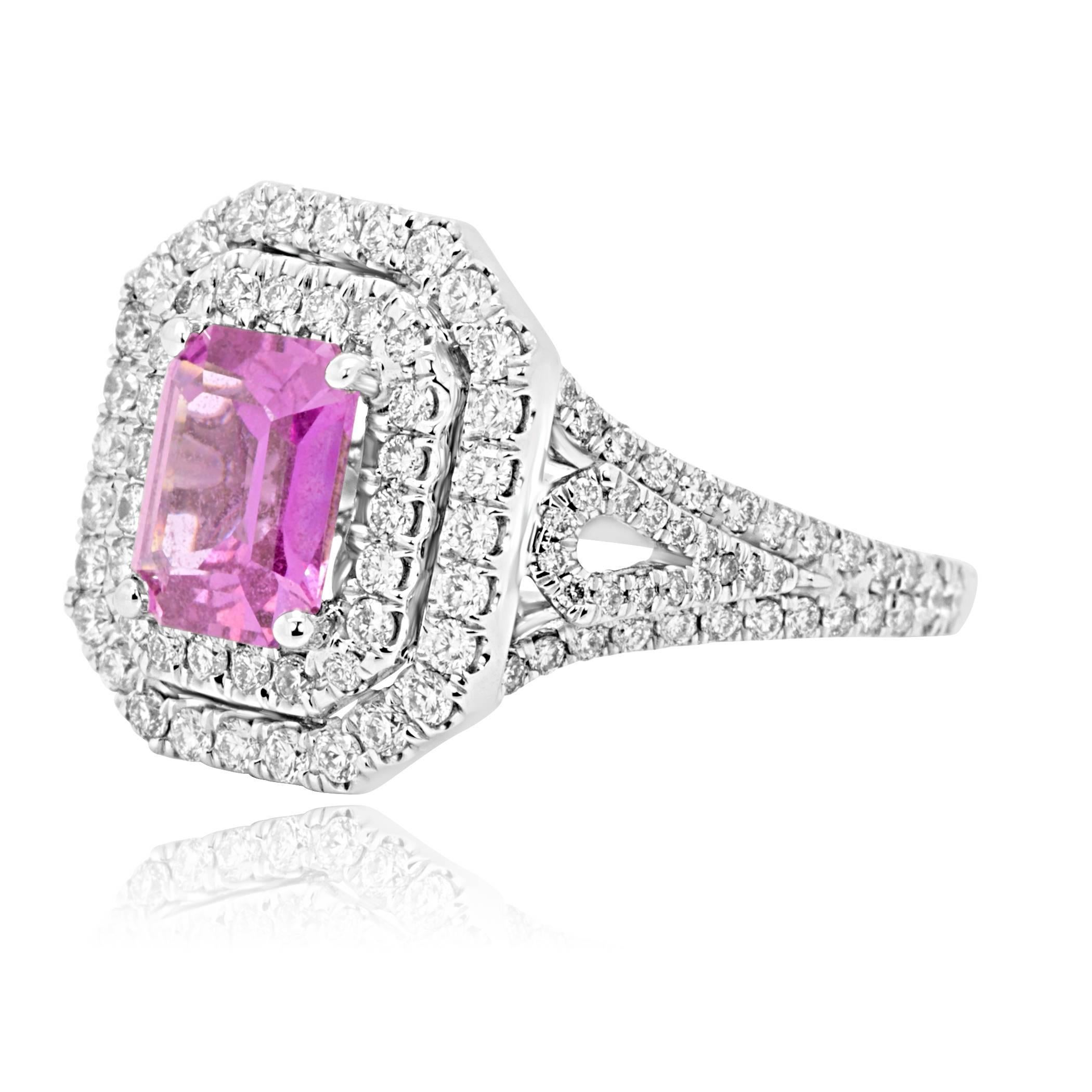 Beautiful GIA Certified No Heat Emerald Cut Pink Sapphire 1.73 Carat encircled in a double halo White Round Diamonds 1.02 Carat in 18K White Gold Bridal Fashion Ring.

Style available in different price ranges. Prices are based on your selection of