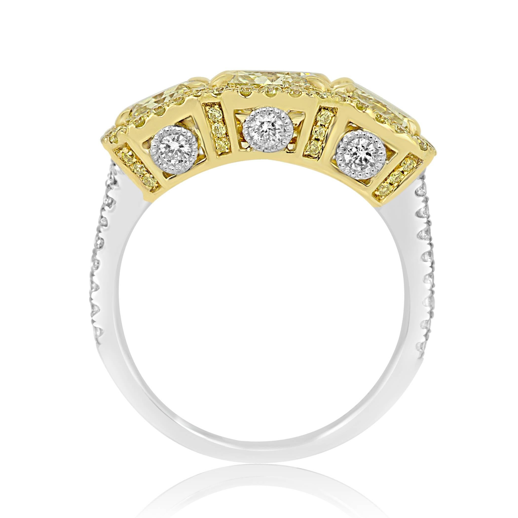 Three Natural Fancy Radiant 4.20 Carat Diamond Single Halo Two-Color Gold Ring In New Condition In NEW YORK, NY