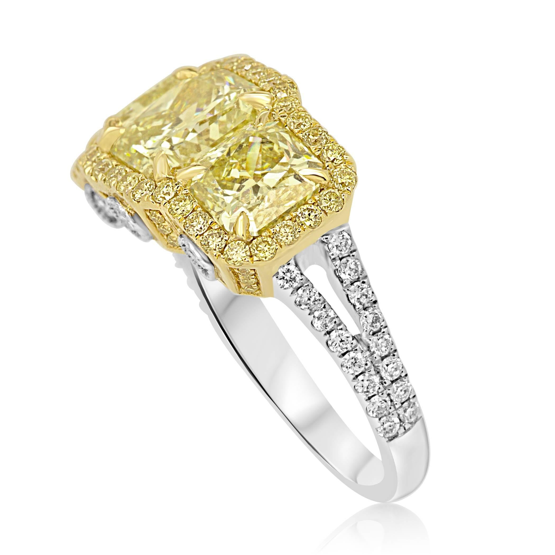 Radiant Cut Three Natural Fancy Radiant 4.20 Carat Diamond Single Halo Two-Color Gold Ring