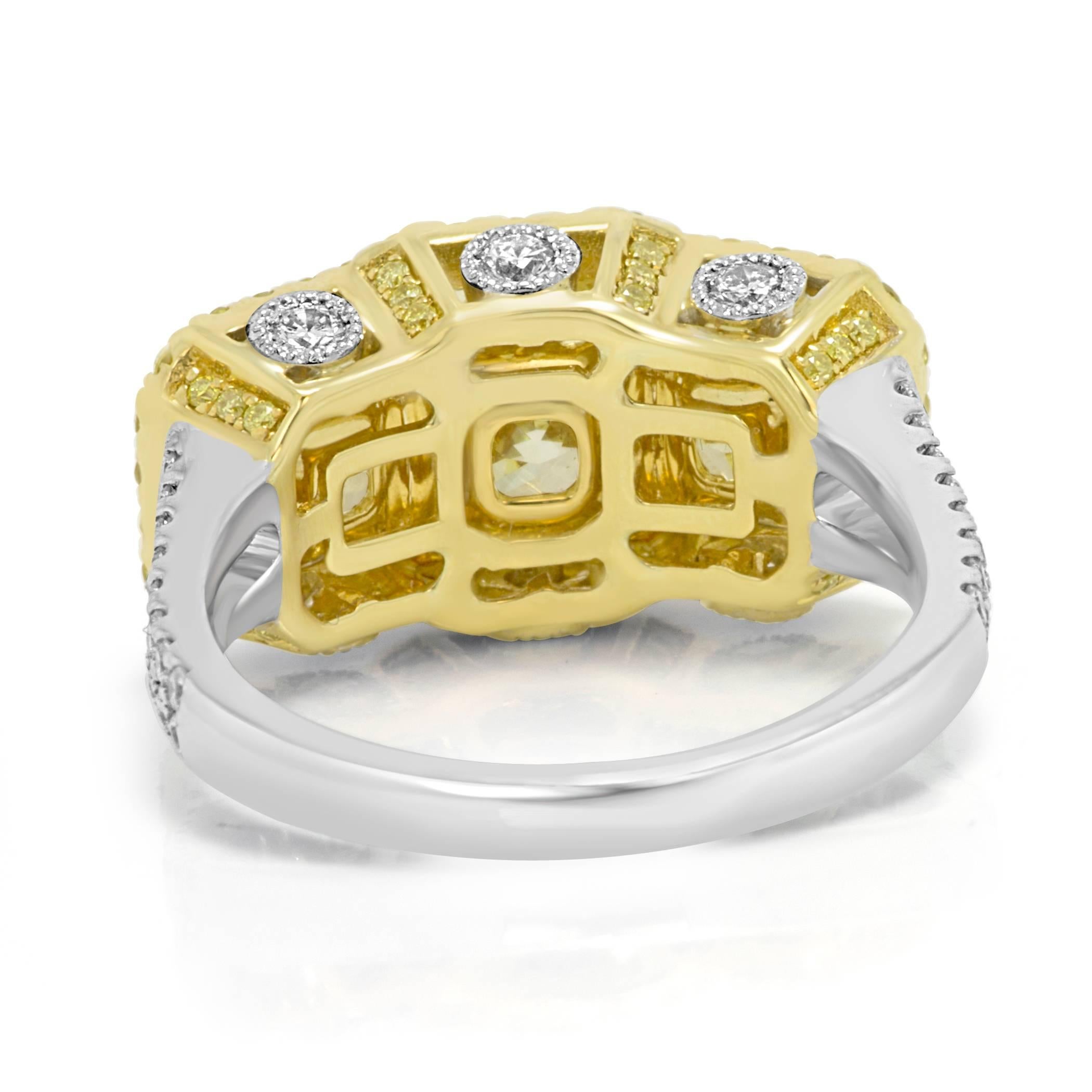 Women's or Men's Three Natural Fancy Radiant 4.20 Carat Diamond Single Halo Two-Color Gold Ring