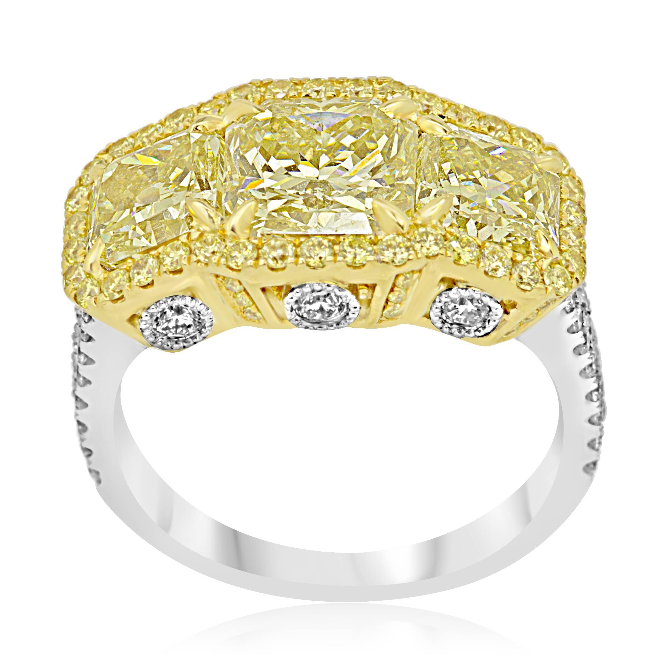 Contemporary Three Natural Fancy Radiant 4.20 Carat Diamond Single Halo Two-Color Gold Ring