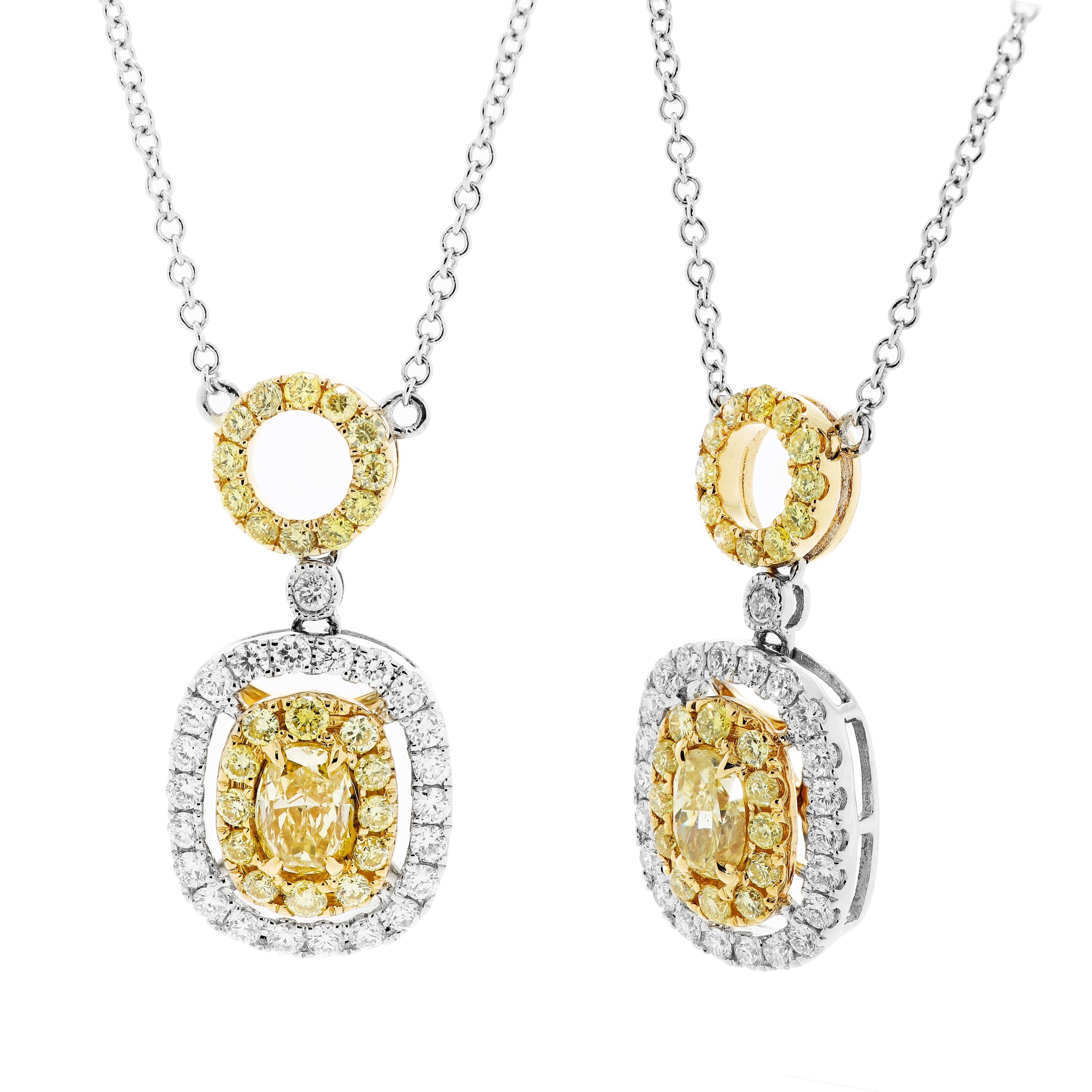 Oval Cut Natural Fancy Yellow Diamond Double Halo Two-Color Gold Diamond By Yard Necklace