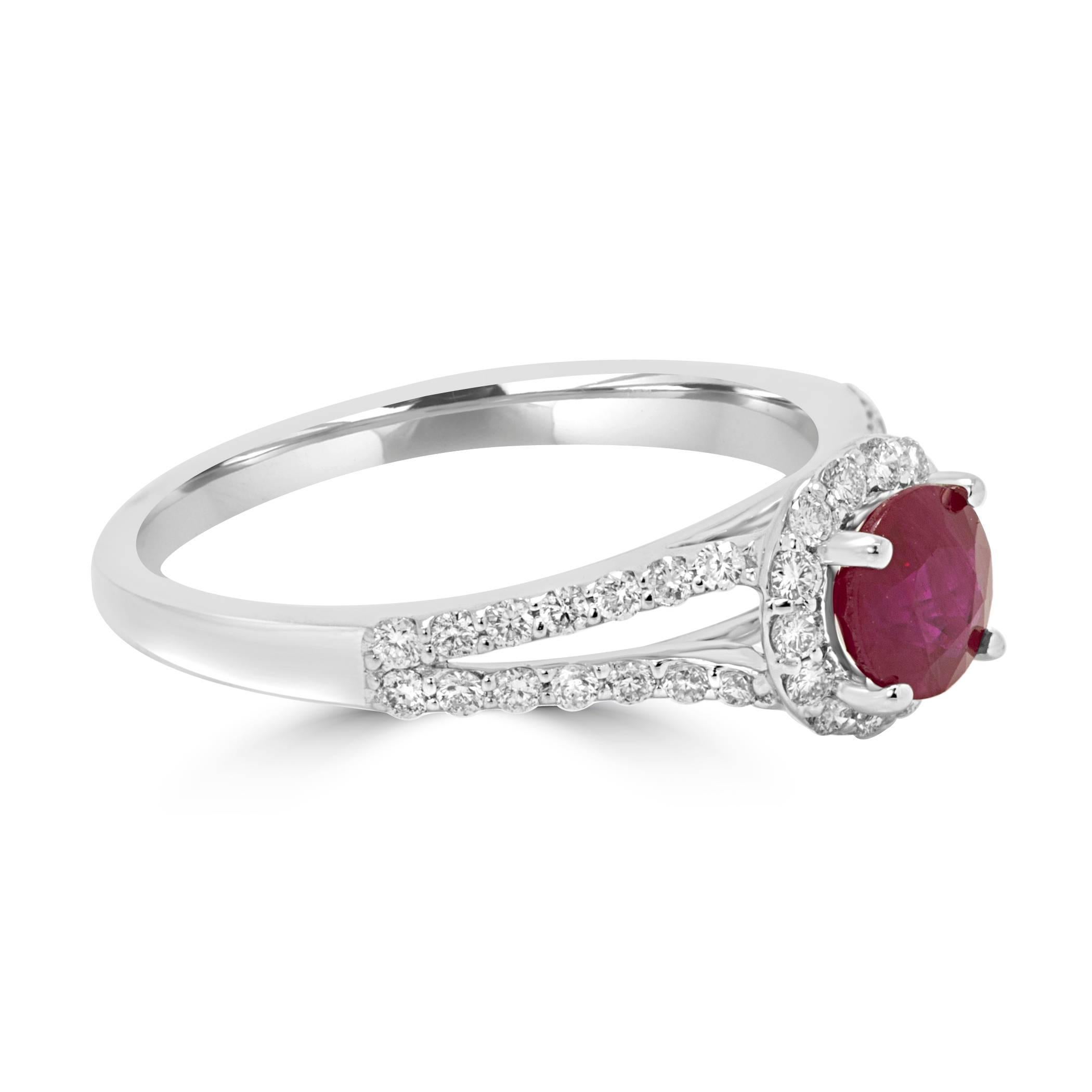 Contemporary Ruby Round Diamond Halo White Gold Bridal Fashion Cocktail Ring