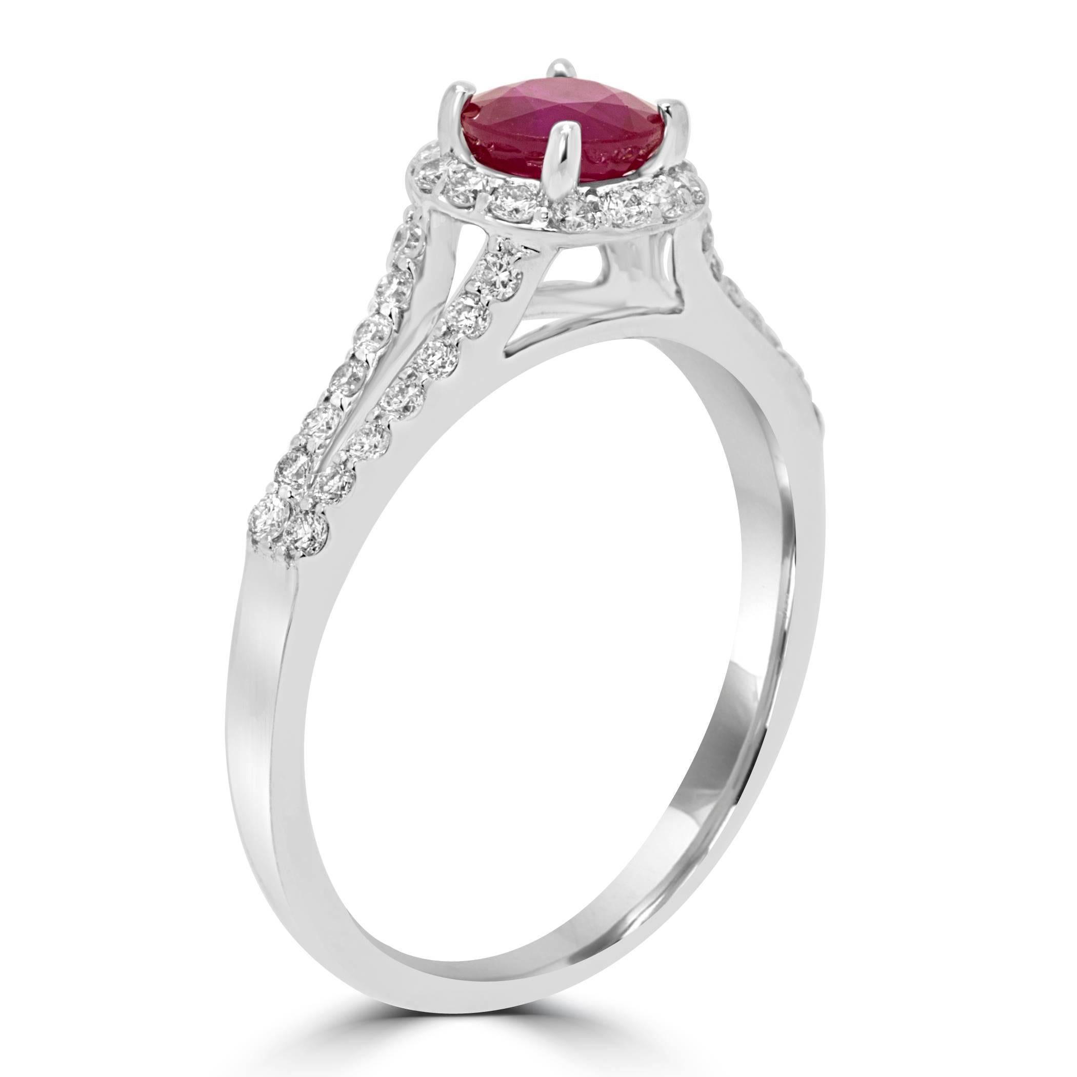 Ruby Round Diamond Halo White Gold Bridal Fashion Cocktail Ring In New Condition In NEW YORK, NY