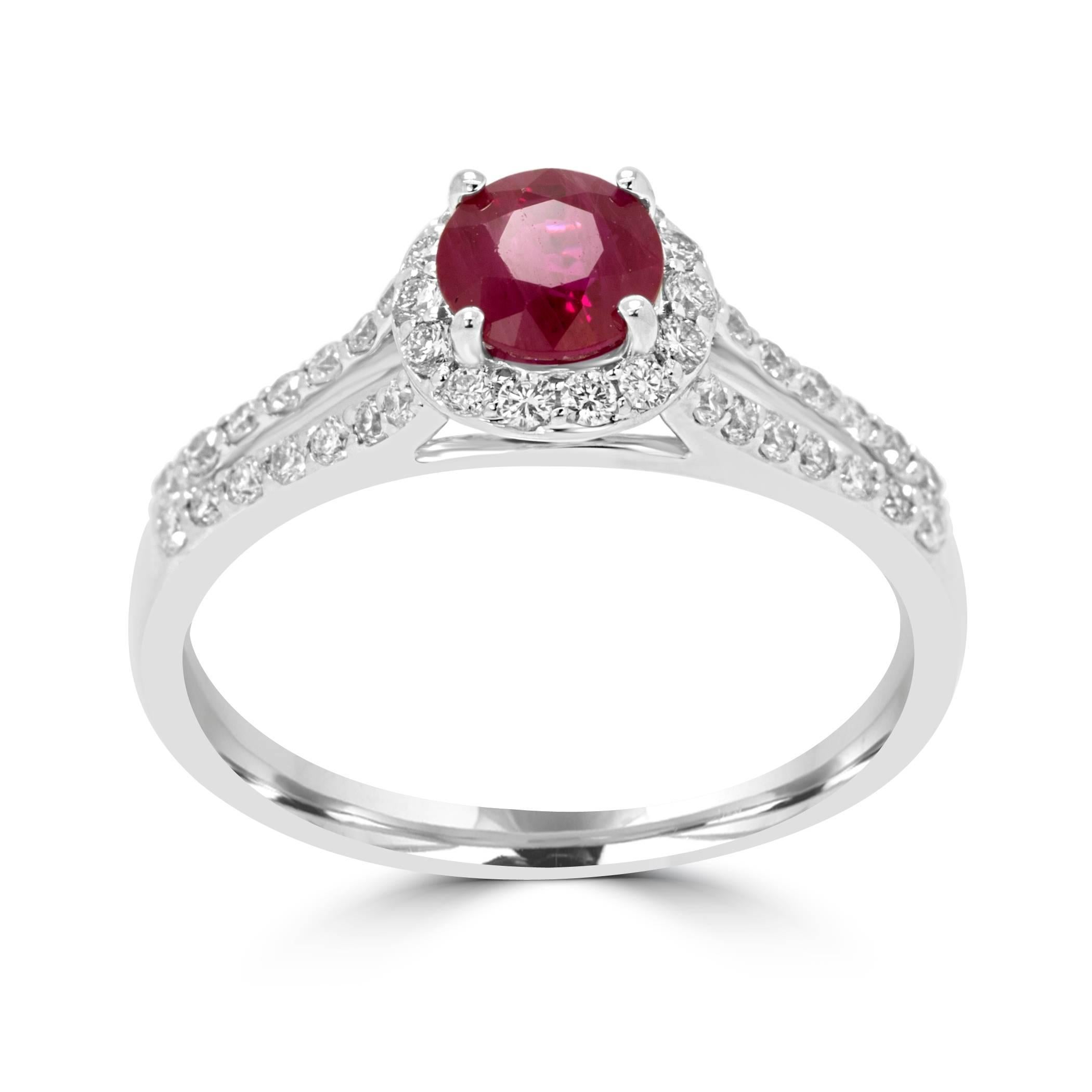  Ruby Round Diamond Cut 0.74 Carat Encircled in a Single Halo of White Diamond Round 0.40 Carat in 14K White Gold Simple Classic Split Shank Ring Bridal Fashion Cocktail Ring.

Style available in different price ranges. Prices are based on your