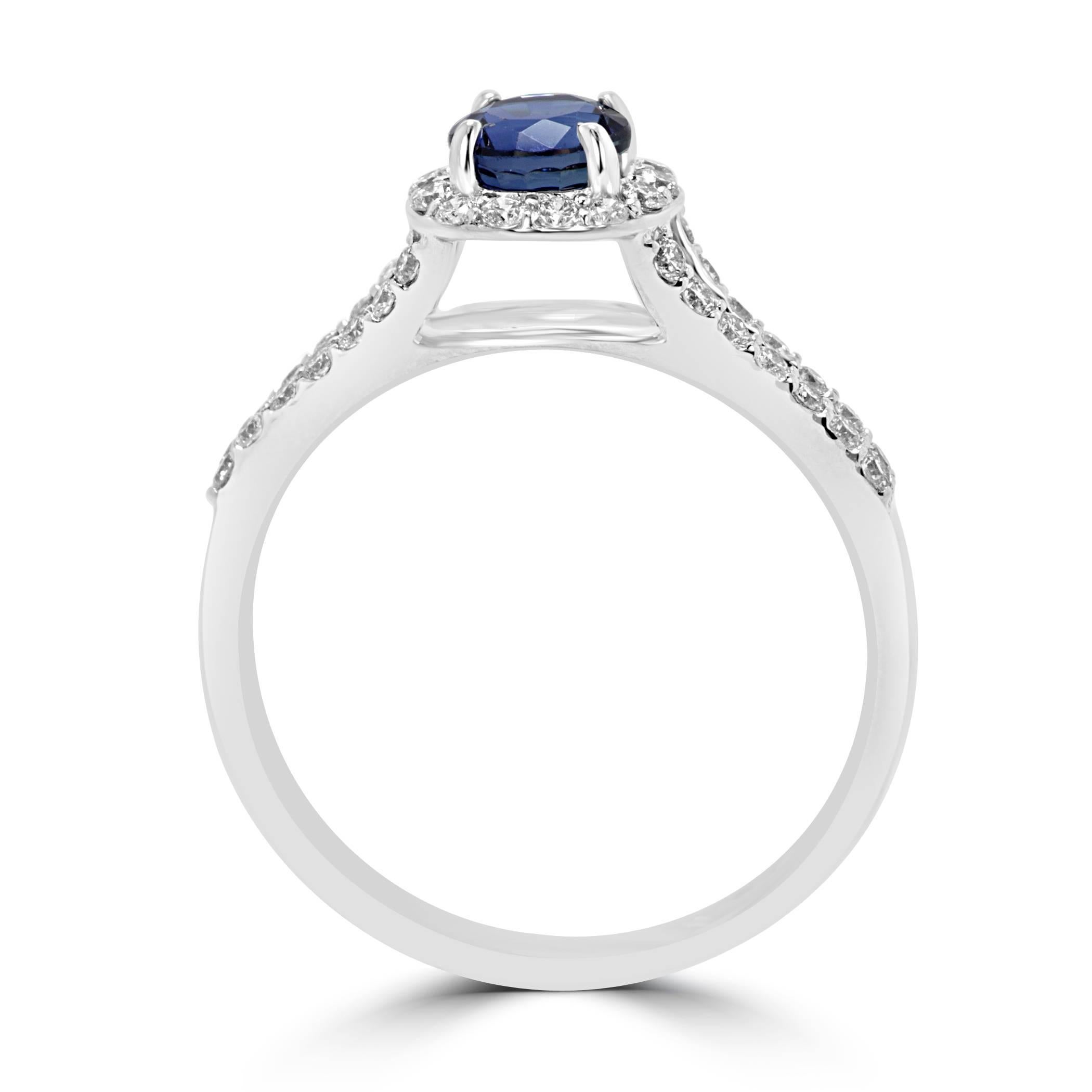 Sapphire Diamond Single Halo Gold Ring In New Condition In NEW YORK, NY