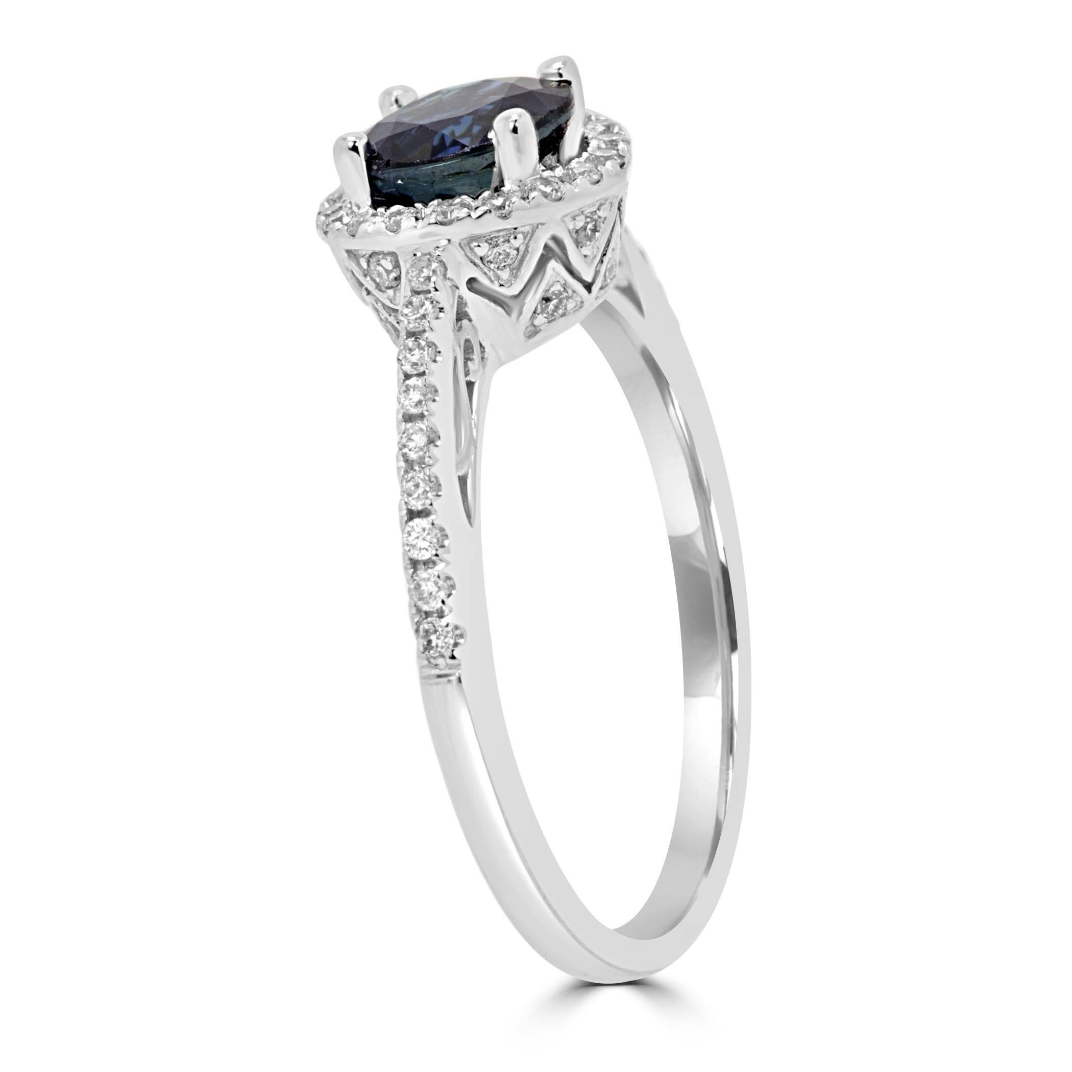 Round Cut Blue Sapphire Round Diamond Halo White Gold Bridal Fashion Cocktail Ring