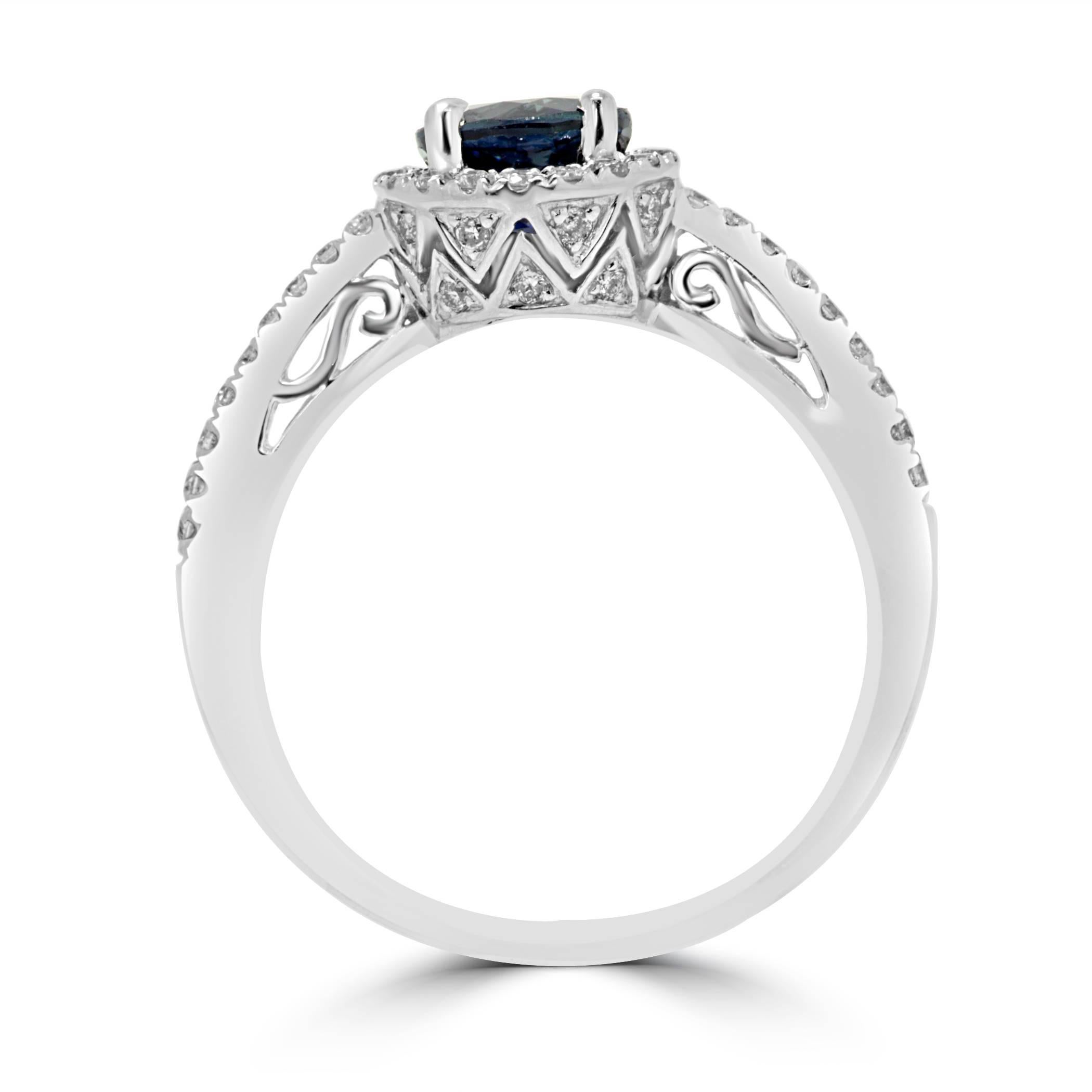 Women's Blue Sapphire Round Diamond Halo White Gold Bridal Fashion Cocktail Ring