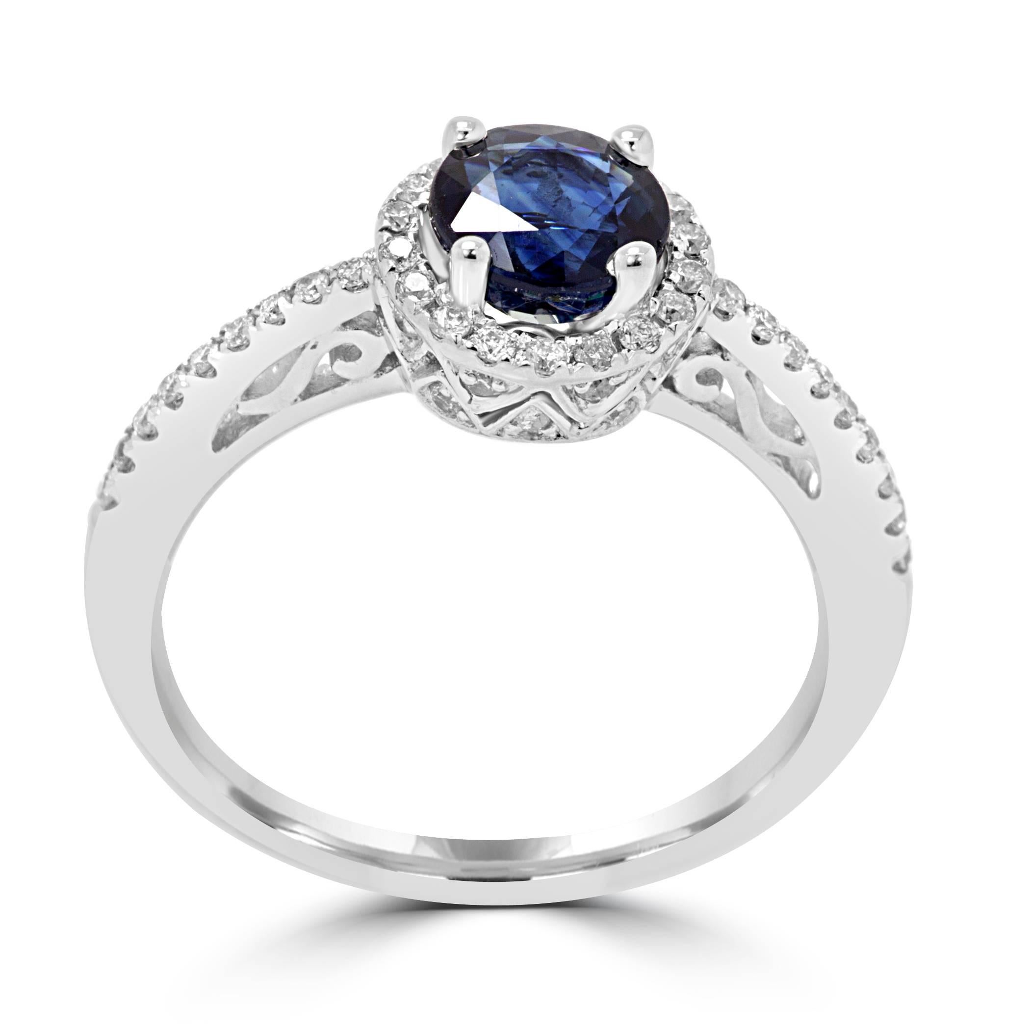 Blue Sapphire Round Diamond Halo White Gold Bridal Fashion Cocktail Ring In New Condition In NEW YORK, NY