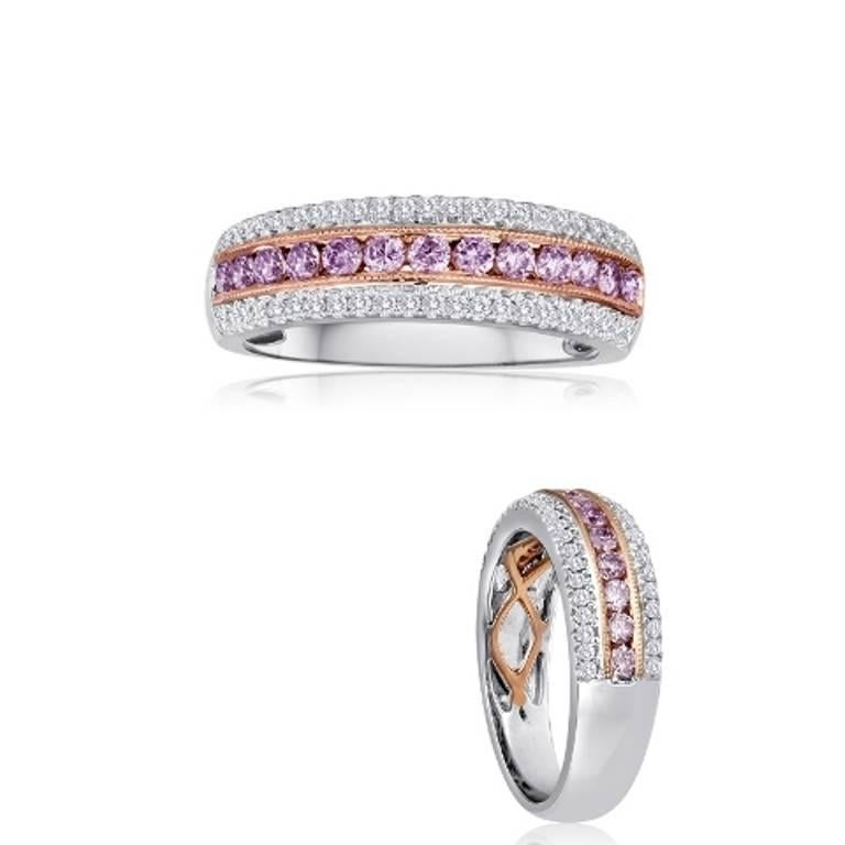 Round Cut Natural Pink Diamond Three-Row Two-Color Gold Band Ring
