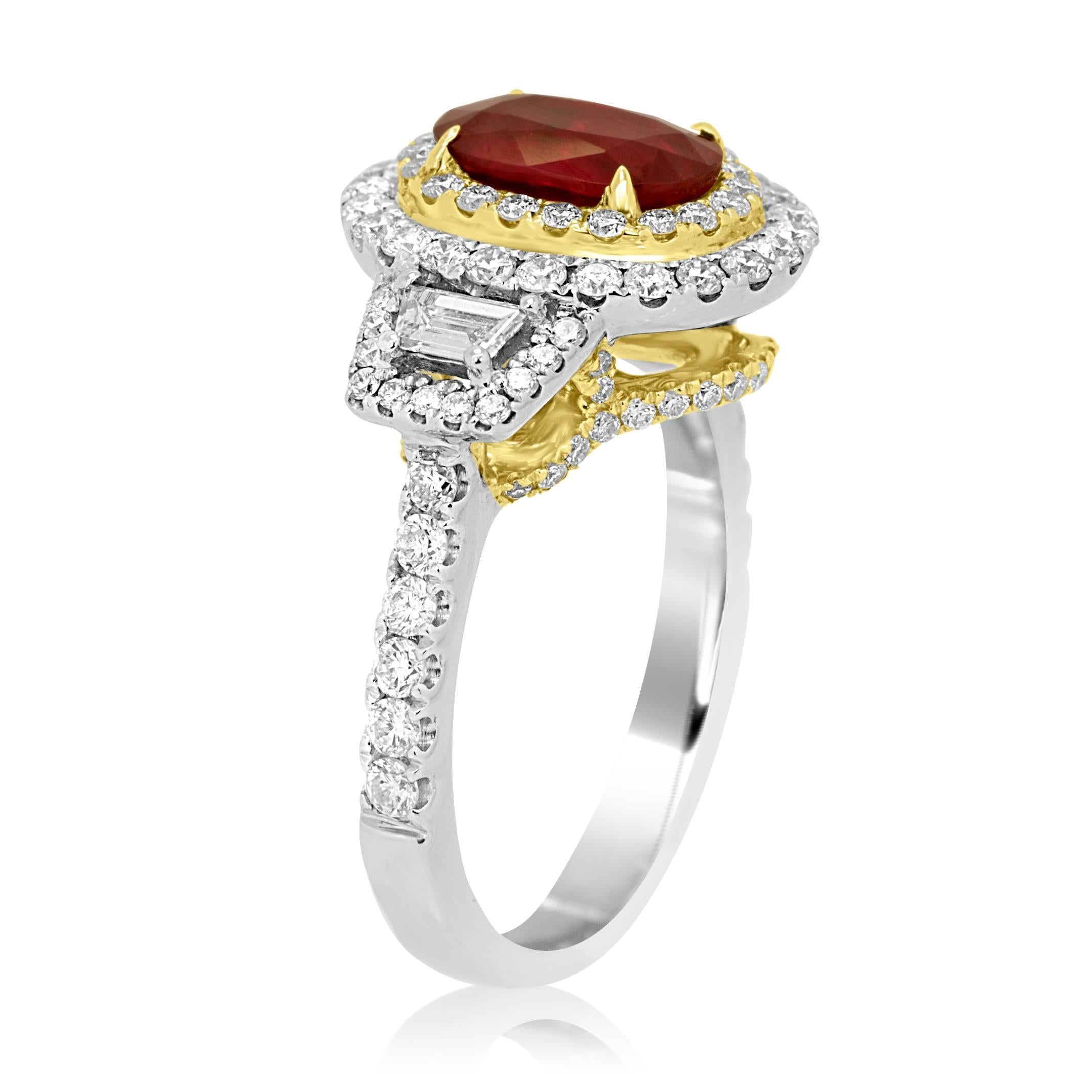 GIA Certified Ruby Oval Diamond Halo Two-Color Gold Three Stone Bridal Ring In New Condition In NEW YORK, NY