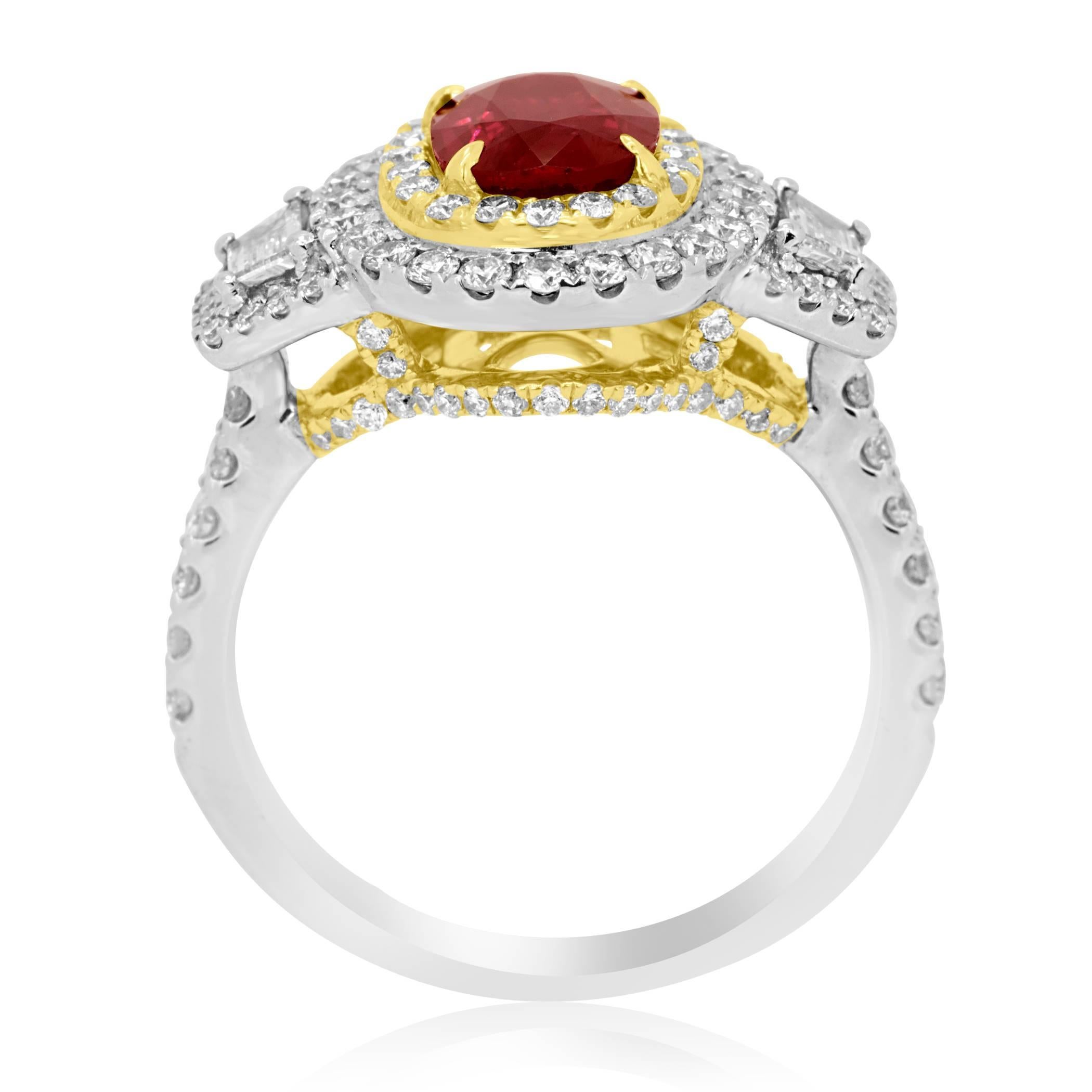 Oval Cut GIA Certified Ruby Oval Diamond Halo Two-Color Gold Three Stone Bridal Ring