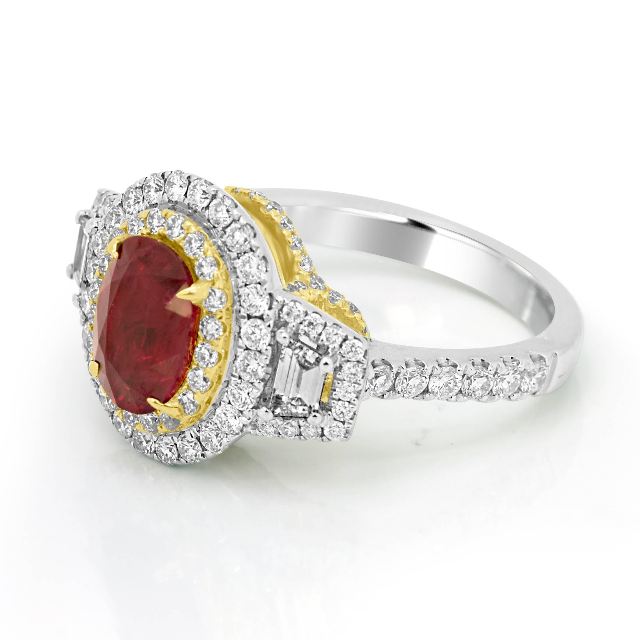 Modern GIA Certified Ruby Oval Diamond Halo Two-Color Gold Three Stone Bridal Ring