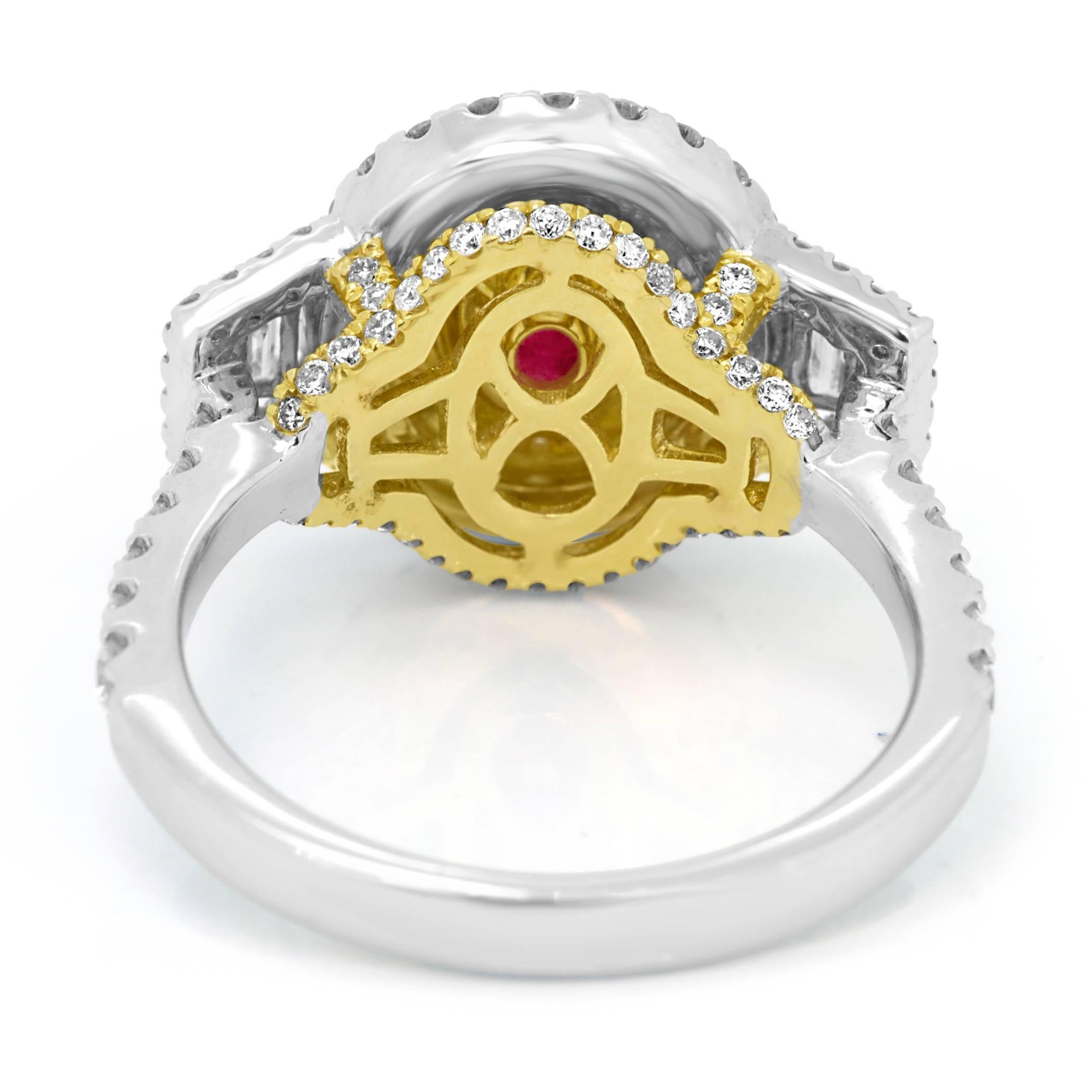 GIA Certified Ruby Oval Diamond Halo Two-Color Gold Three Stone Bridal Ring 2