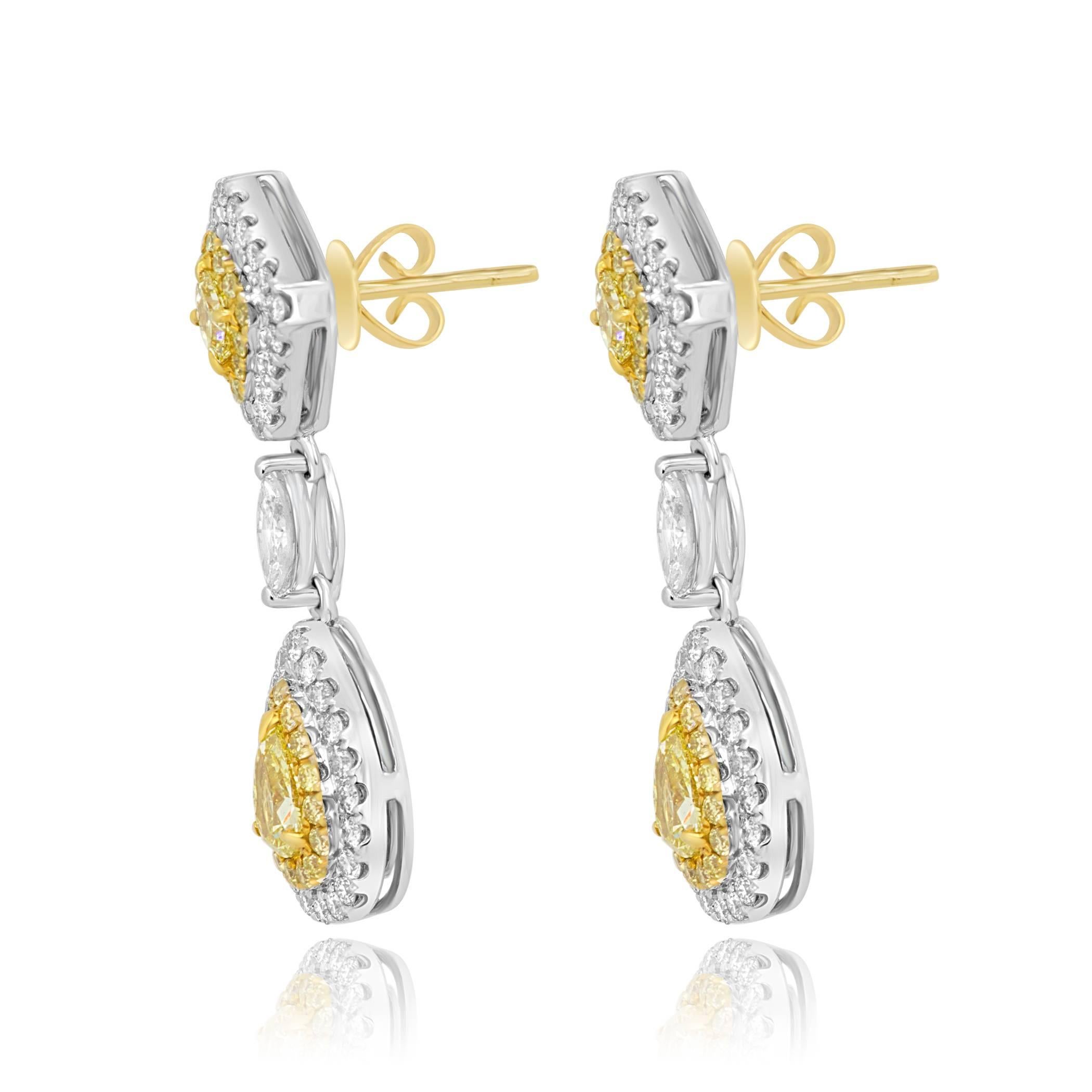 Pear Cut Natural Fancy Yellow Diamond White Diamond Double Halo Two-Color Gold Earring