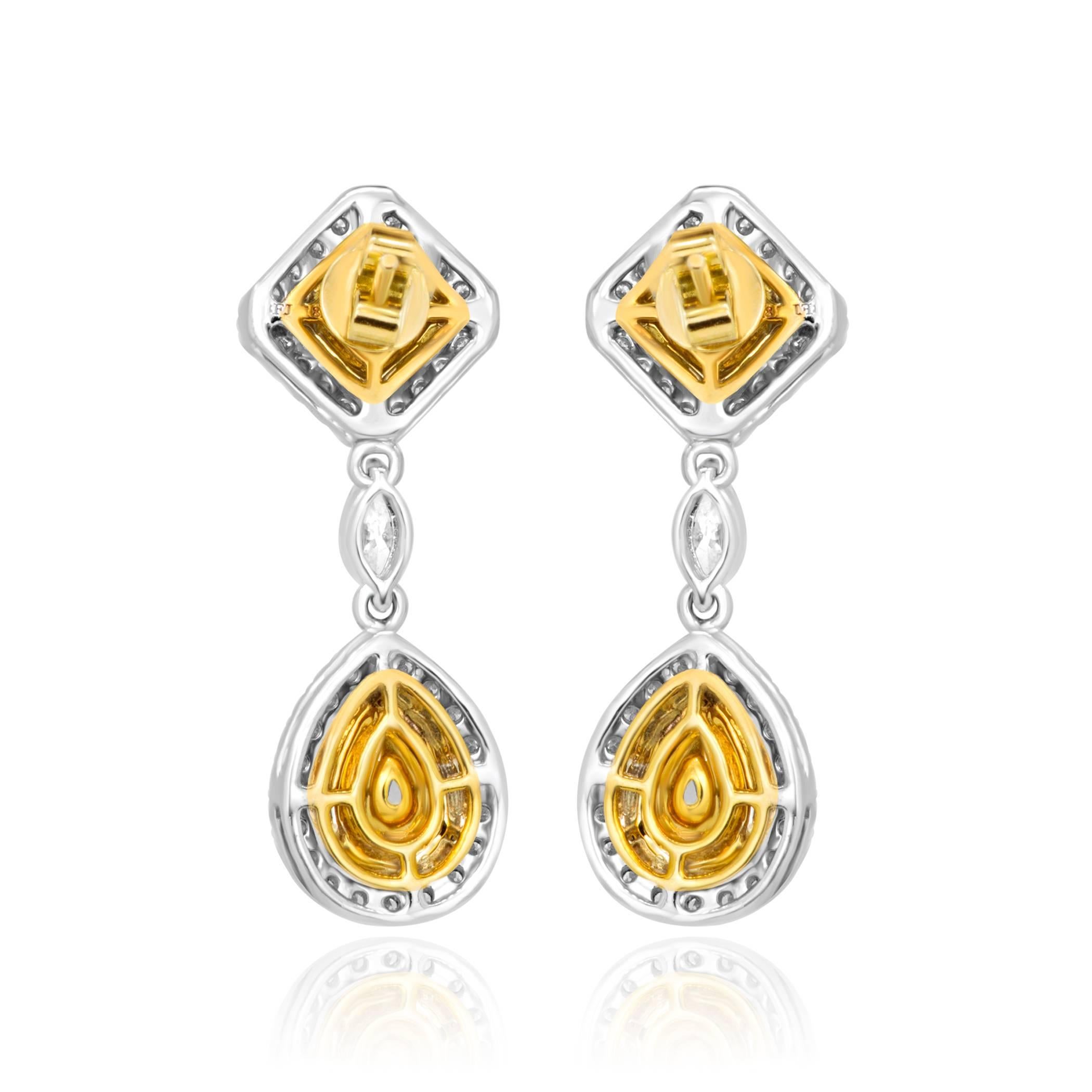 Natural Fancy Yellow Diamond White Diamond Double Halo Two-Color Gold Earring In New Condition In NEW YORK, NY