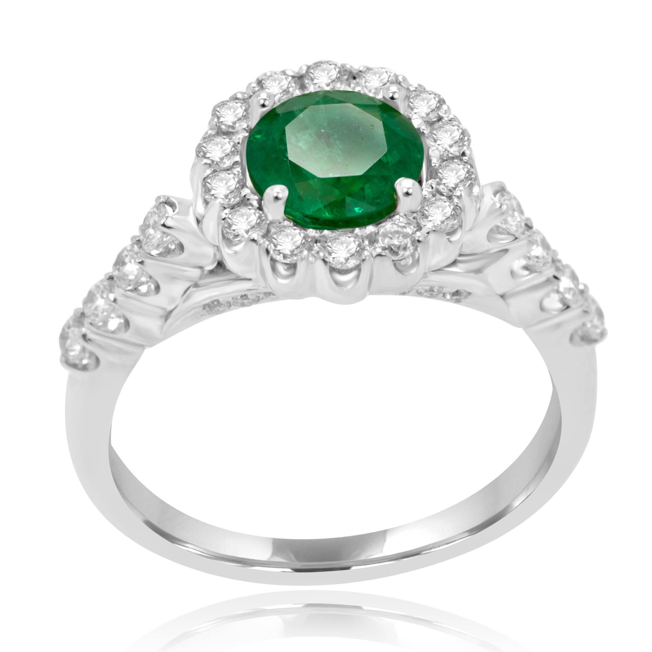 Modern Emerald Round Diamond Halo White Gold Bridal Fashion Cocktail Ring