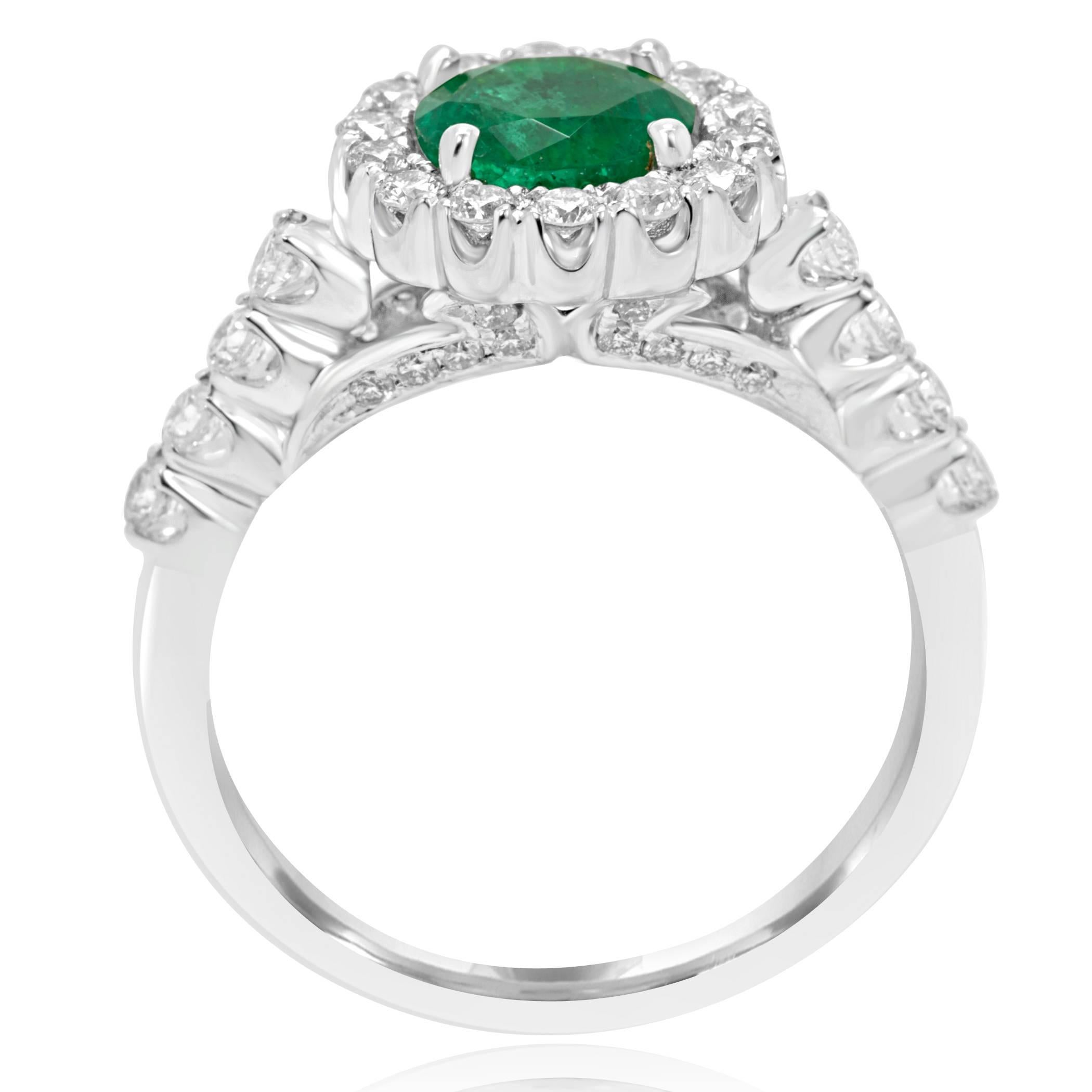 Round Cut Emerald Round Diamond Halo White Gold Bridal Fashion Cocktail Ring