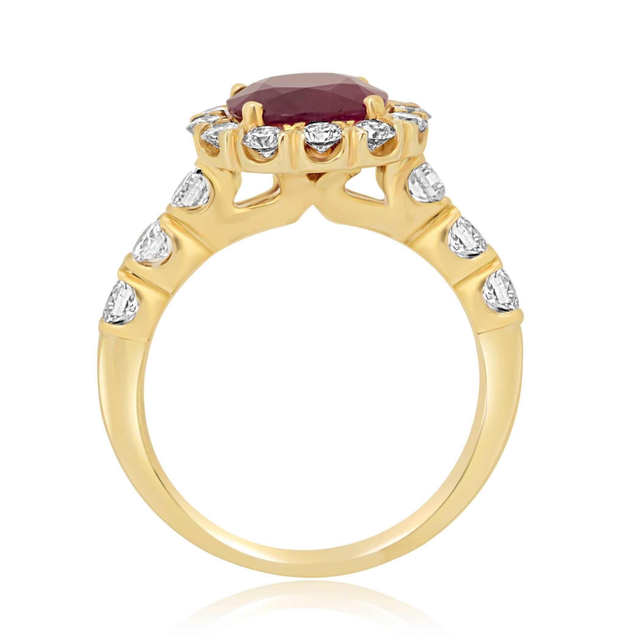 Cushion Cut GIA Certified Burma Ruby Cushion 2.33 Carat Diamond Halo Yellow Gold Bridal Ring