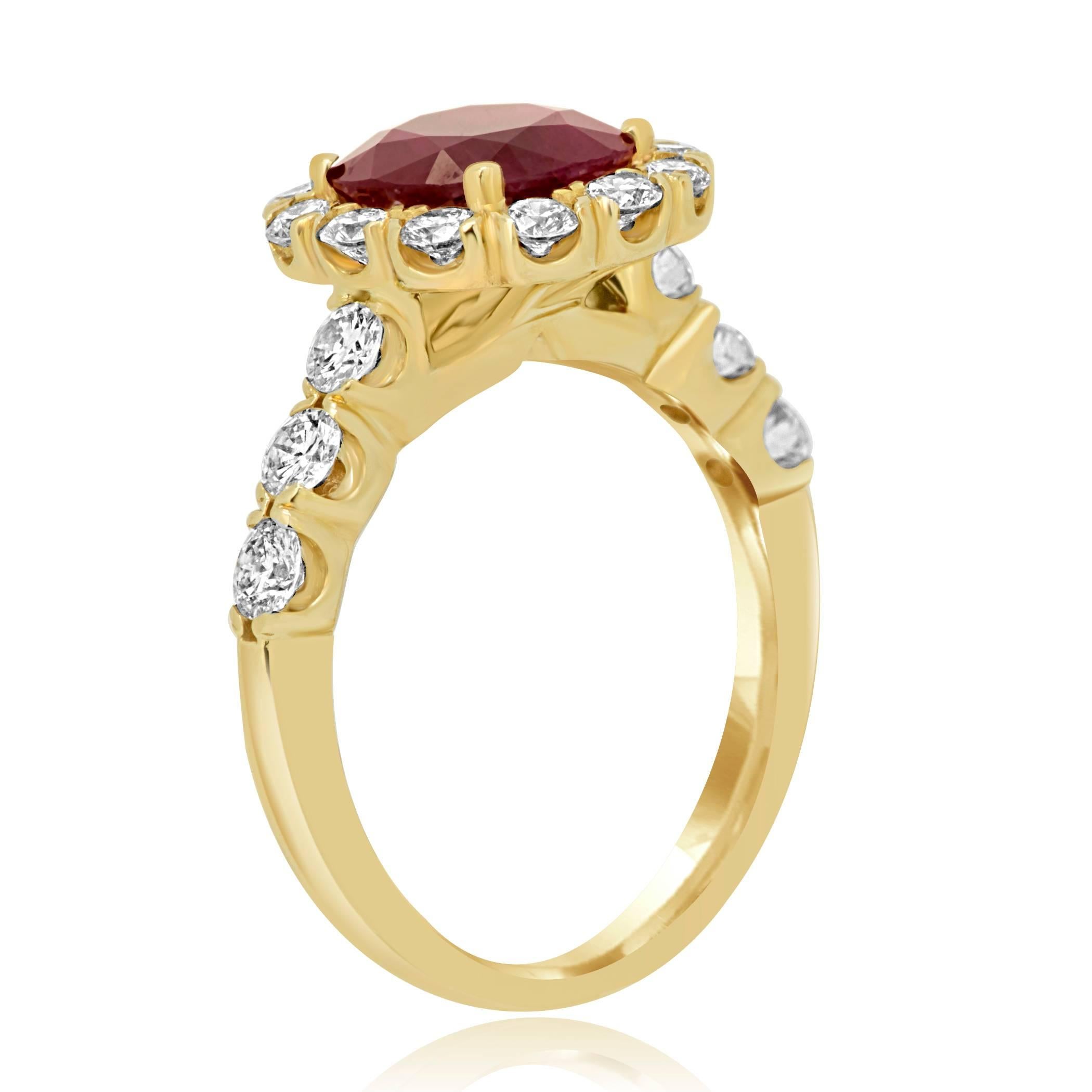 Contemporary GIA Certified Burma Ruby Cushion 2.33 Carat Diamond Halo Yellow Gold Bridal Ring