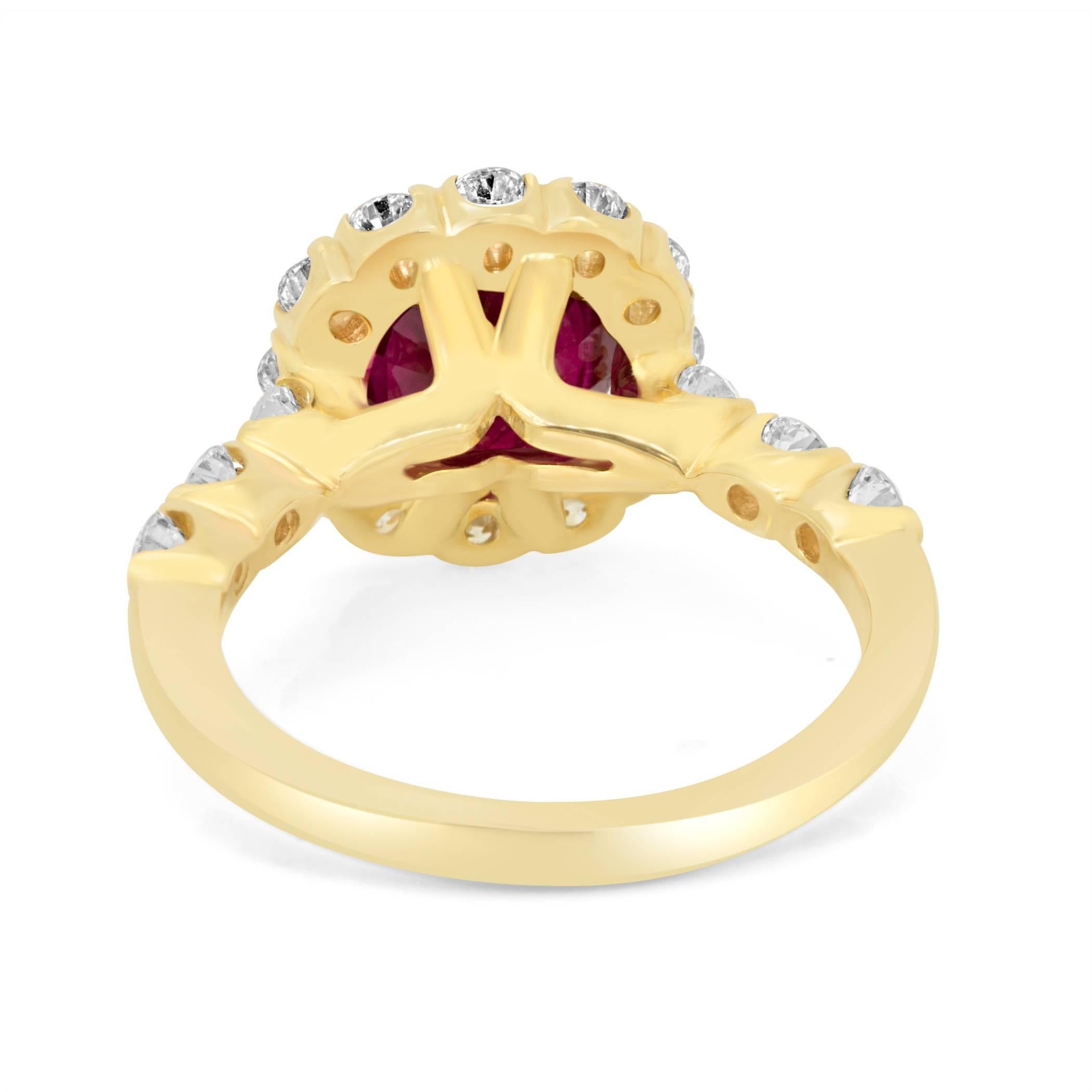 GIA Certified Burma Ruby Cushion 2.33 Carat Diamond Halo Yellow Gold Bridal Ring In New Condition In NEW YORK, NY