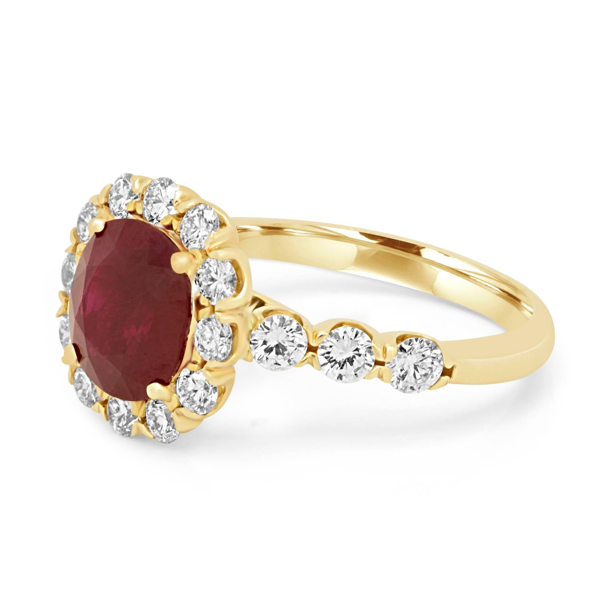                          
GIA Certified Burma Ruby Cushion 2.33 Carat encircled in a single halo of white round diamonds 1.02 Carat in a stunning 14K Yellow Gold Fashion Bridal Ring.

Style available in different price ranges. Prices are based on