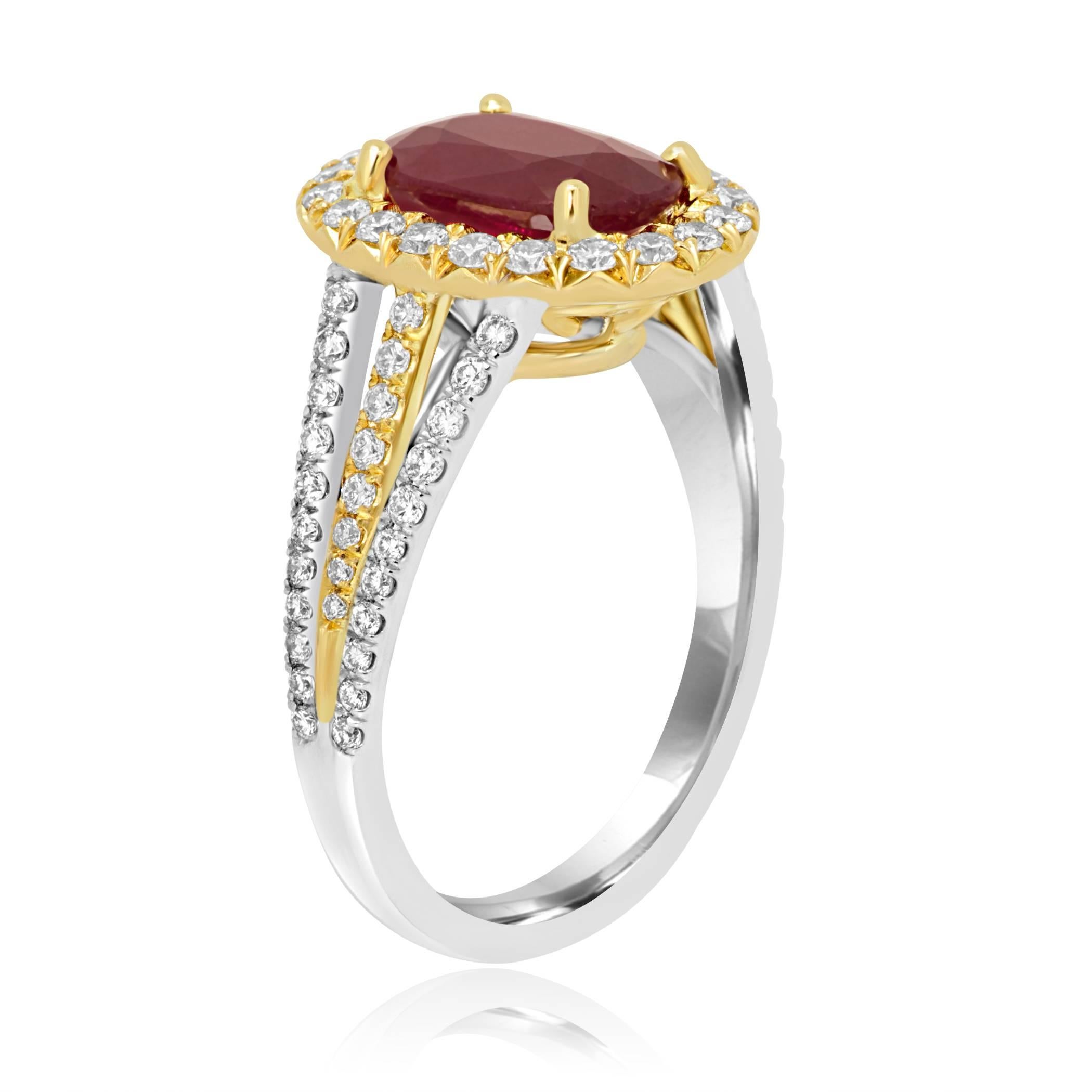 Oval Cut GIA Certified Burma Ruby Oval 2.33 Carat Diamond Halo Two-Color Gold Bridal Ring
