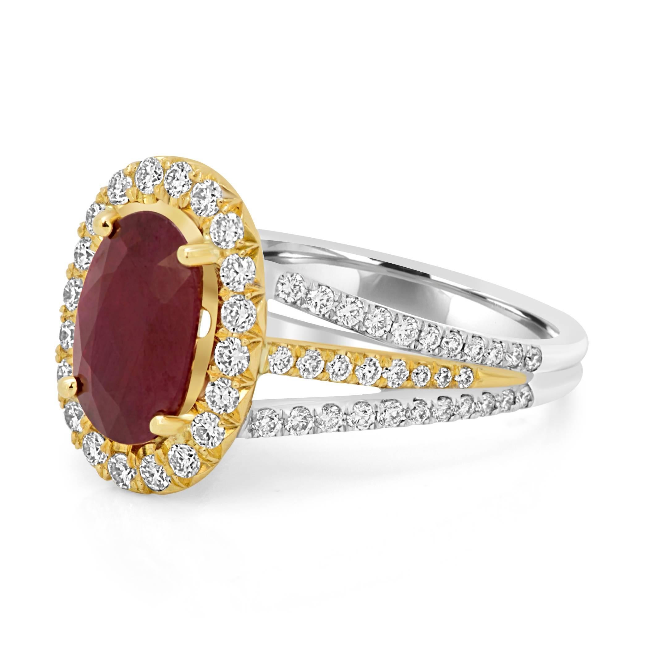 Beautiful GIA Certified Burma Ruby Oval 2.33 Carat Encircled in a single Halo of white Round Diamonds 0.75 Carat in 18K White and Yellow Gold Three Prong Shank Classic Bridal Fashion Cocktail Ring.

Style available in different price ranges. Prices