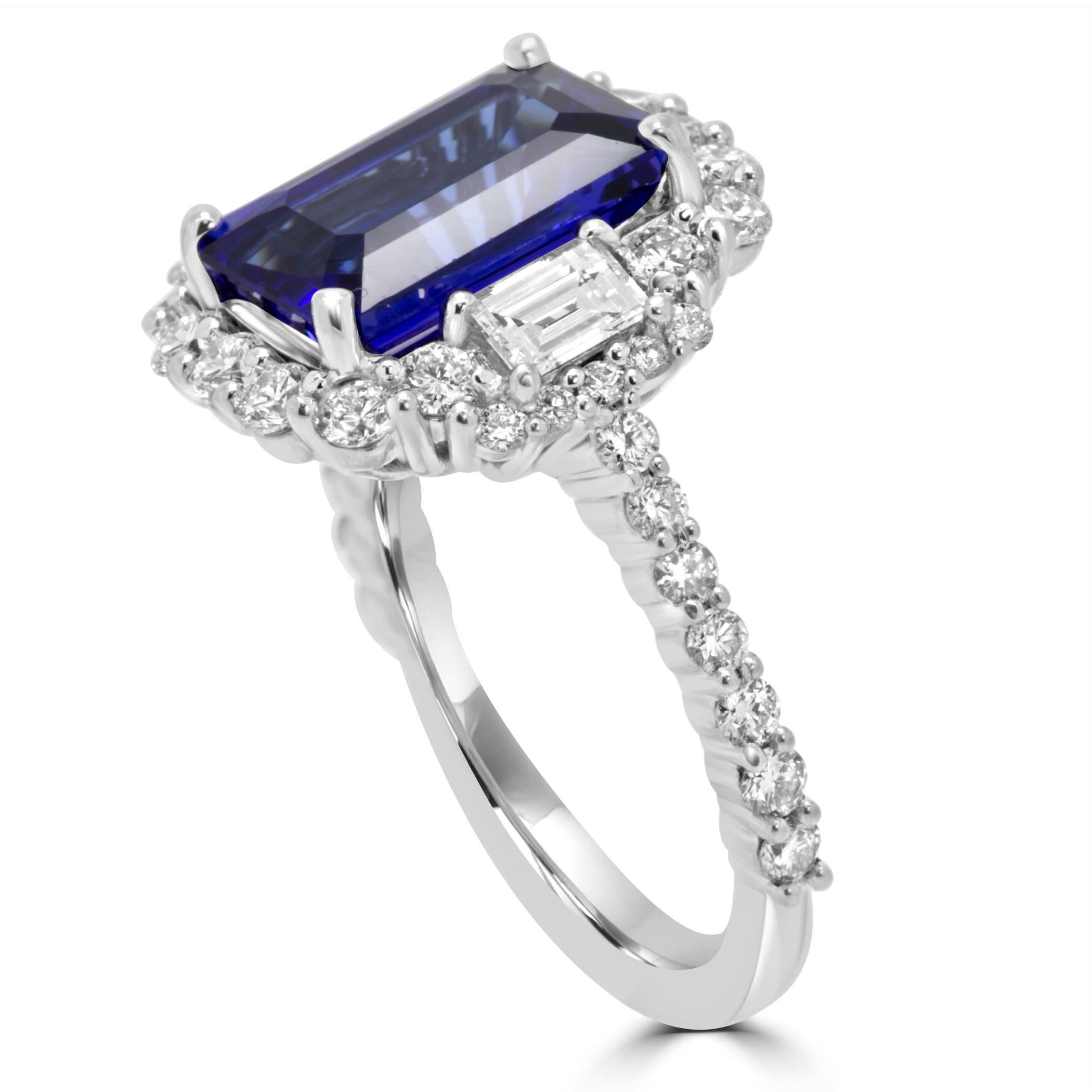 Women's 3.98 Carat Tanzanite Emerald Cut White Diamond Halo Three Stone Bridal Gold Ring