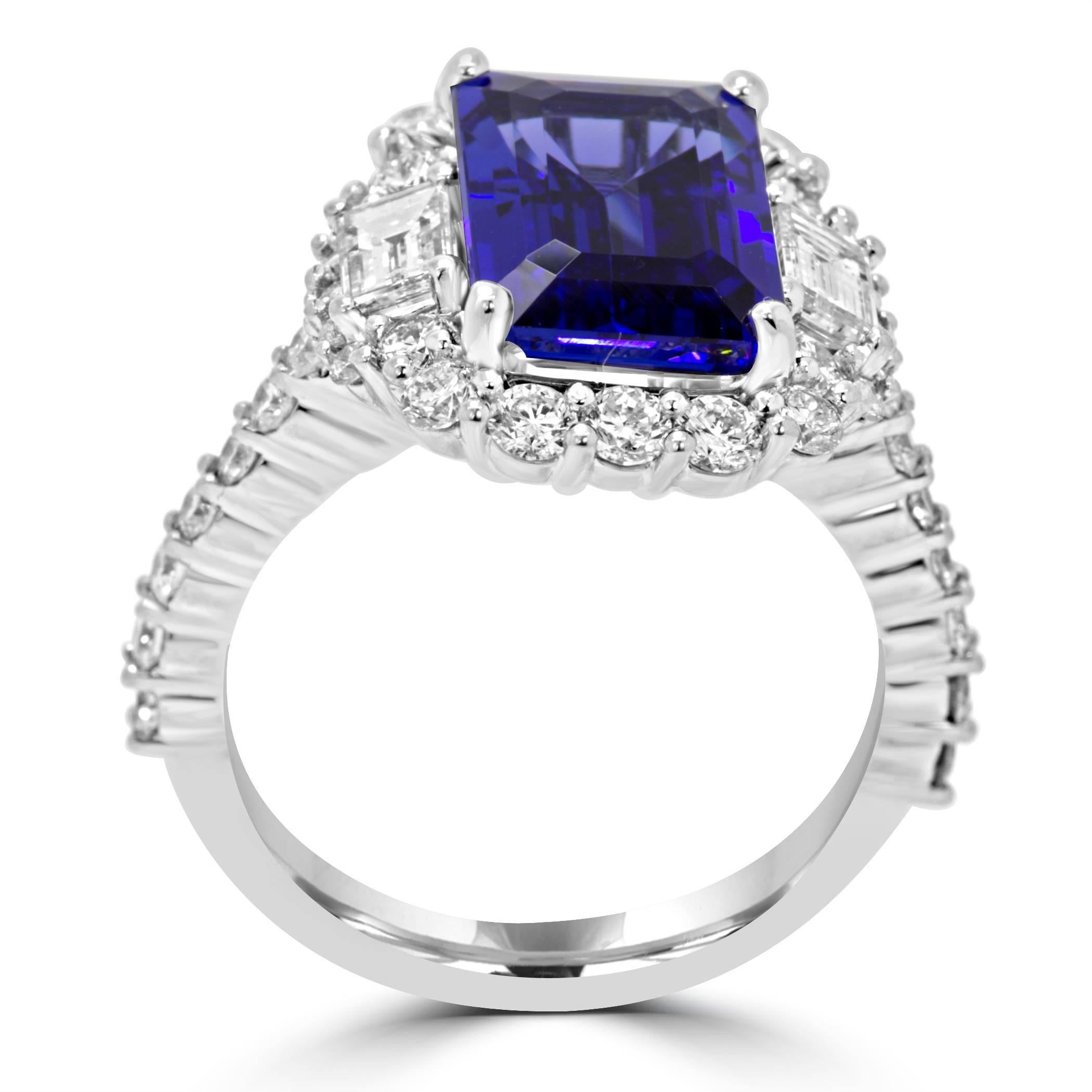 3.98 Carat Tanzanite Emerald Cut White Diamond Halo Three Stone Bridal Gold Ring In New Condition In NEW YORK, NY
