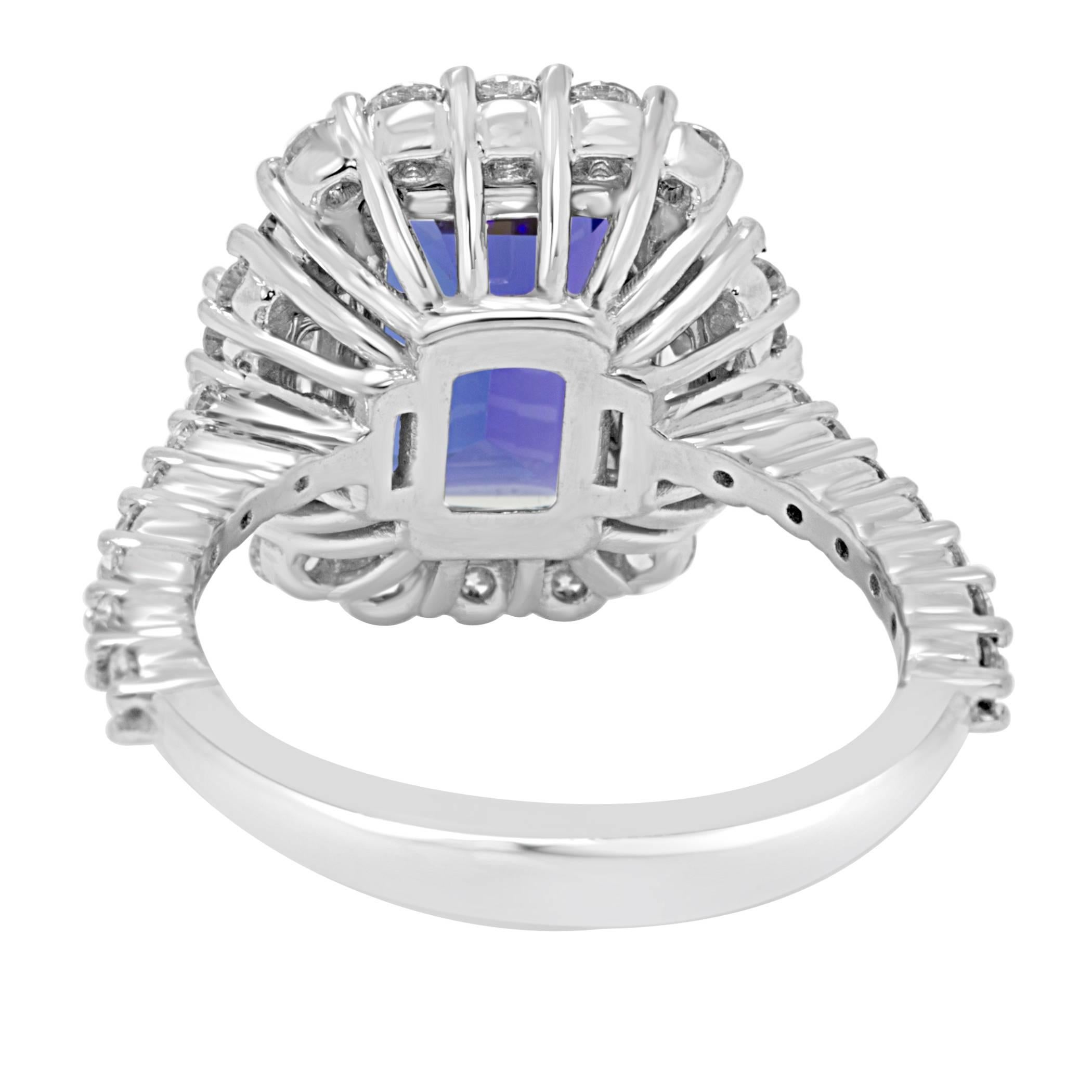 3.98 Carat Tanzanite Emerald Cut White Diamond Halo Three Stone Bridal Gold Ring 1