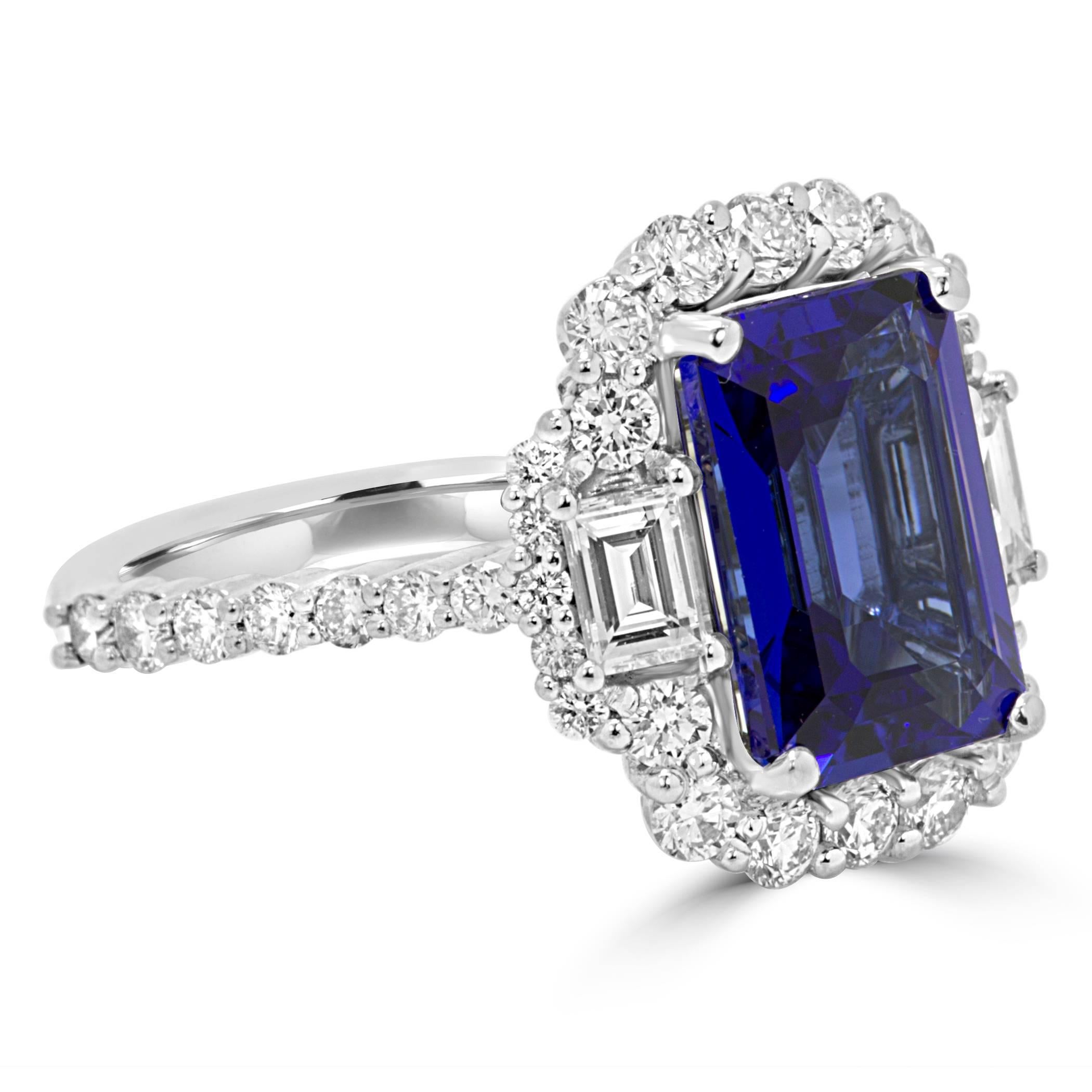 Artisan 3.98 Carat Tanzanite Emerald Cut White Diamond Halo Three Stone Bridal Gold Ring