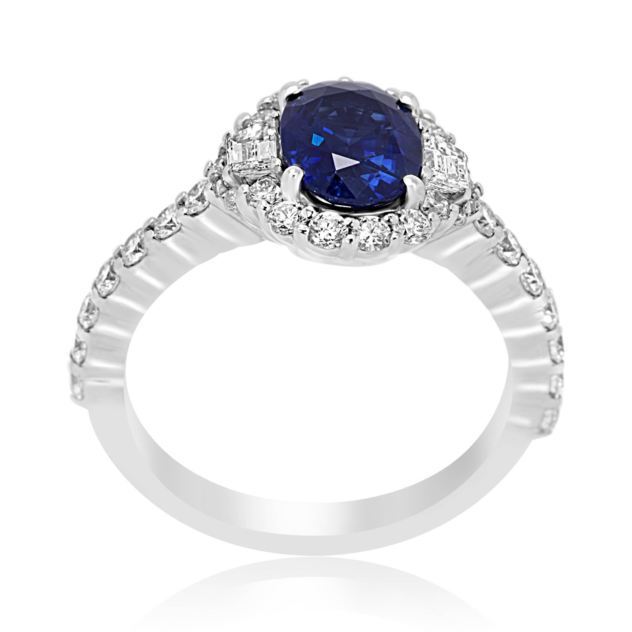 Modern Sapphire Oval White Diamond Halo Gold Three Stone Bridal Fashion Cocktail Ring