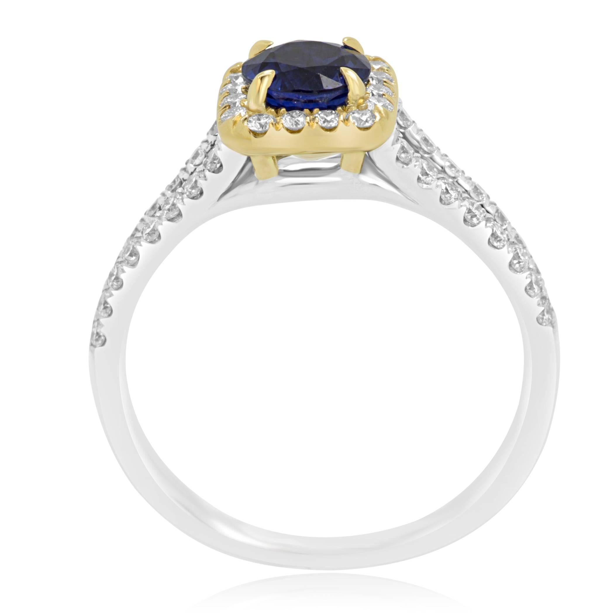 Round Cut Sapphire Round White Diamond Halo Two Color Gold Bridal Fashion Cocktail Ring