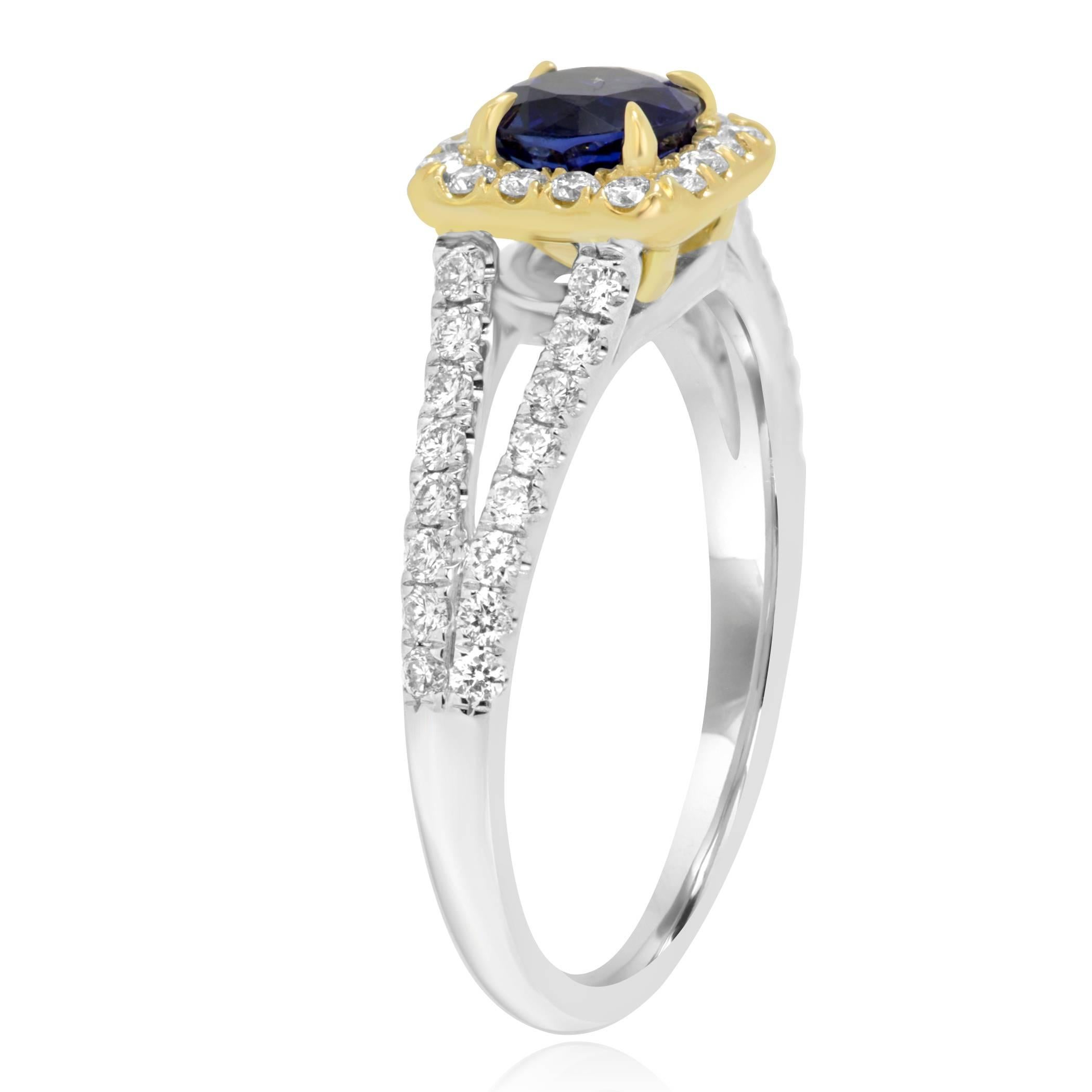 Sapphire Round White Diamond Halo Two Color Gold Bridal Fashion Cocktail Ring In New Condition In NEW YORK, NY