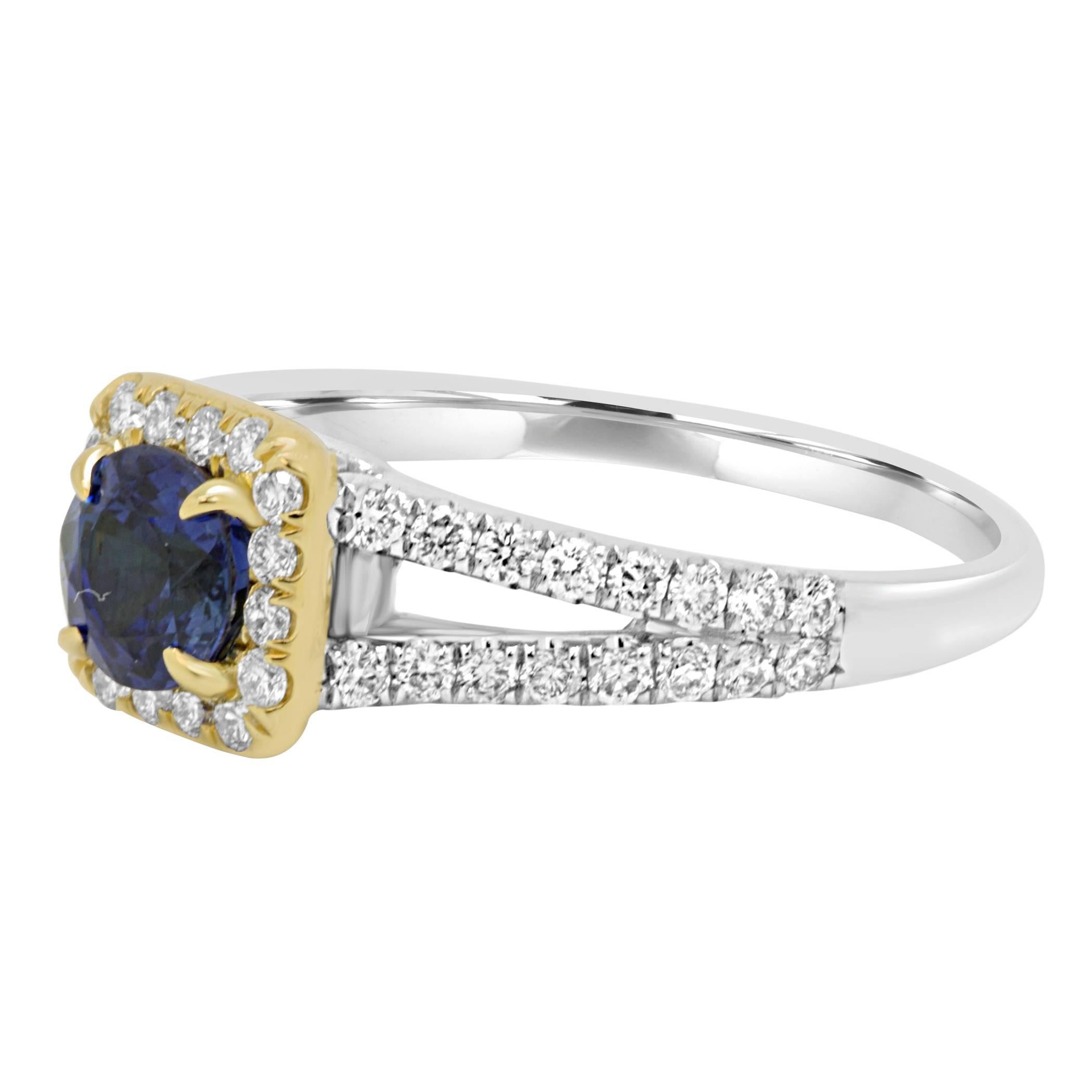 Modern Sapphire Round White Diamond Halo Two Color Gold Bridal Fashion Cocktail Ring