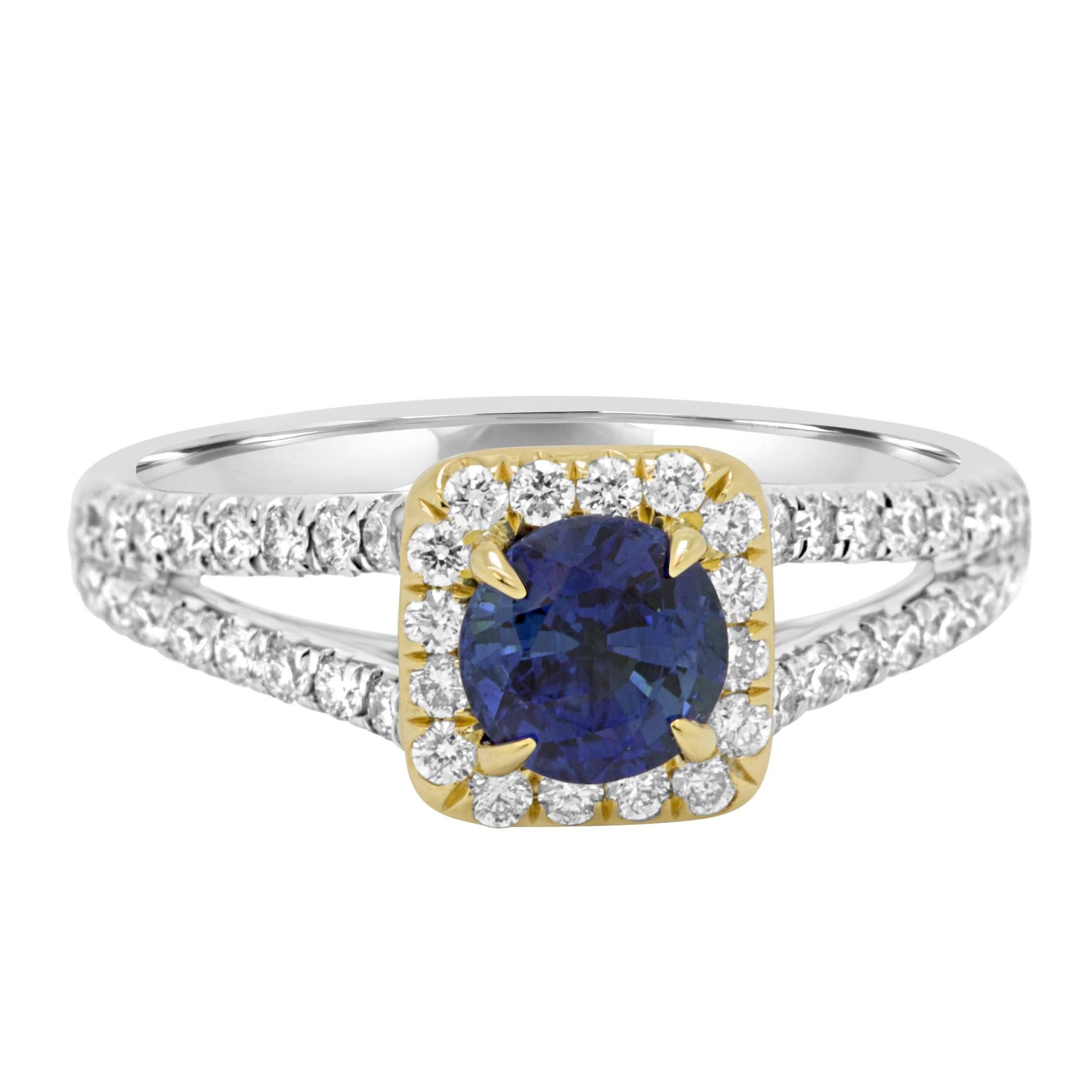 Sapphire Round White Diamond Halo Two Color Gold Bridal Fashion Cocktail Ring