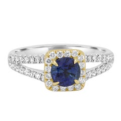 Sapphire Round White Diamond Halo Two Color Gold Bridal Fashion Cocktail Ring