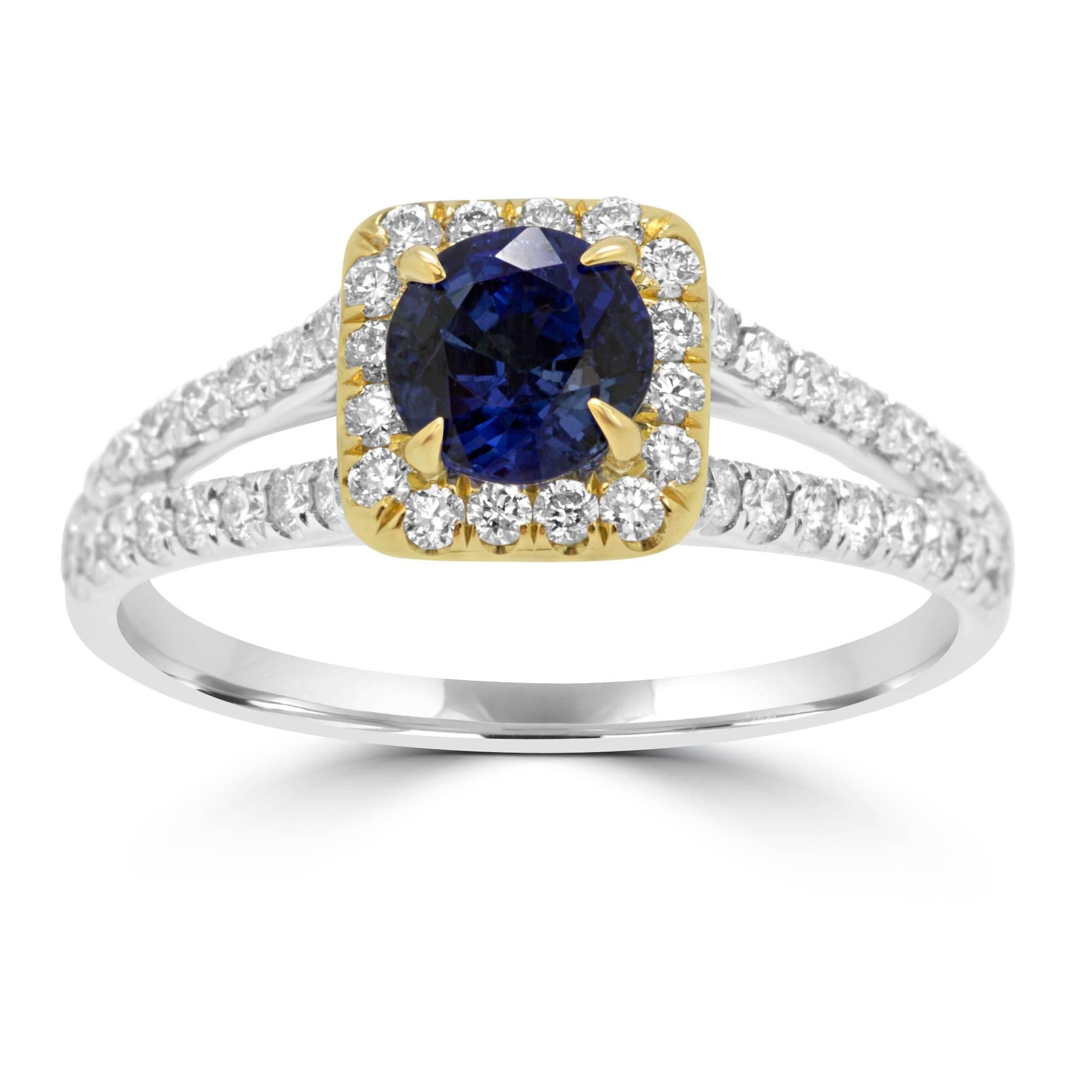 Blue Sapphire Round 0.63 Carat Encircled in a Single Halo of White Round Diamonds 0.45 Carat in always in style classic split shank Bridal or Fashion 18k White and Yellow Gold Ring.

Style available in different price ranges. Prices are based on