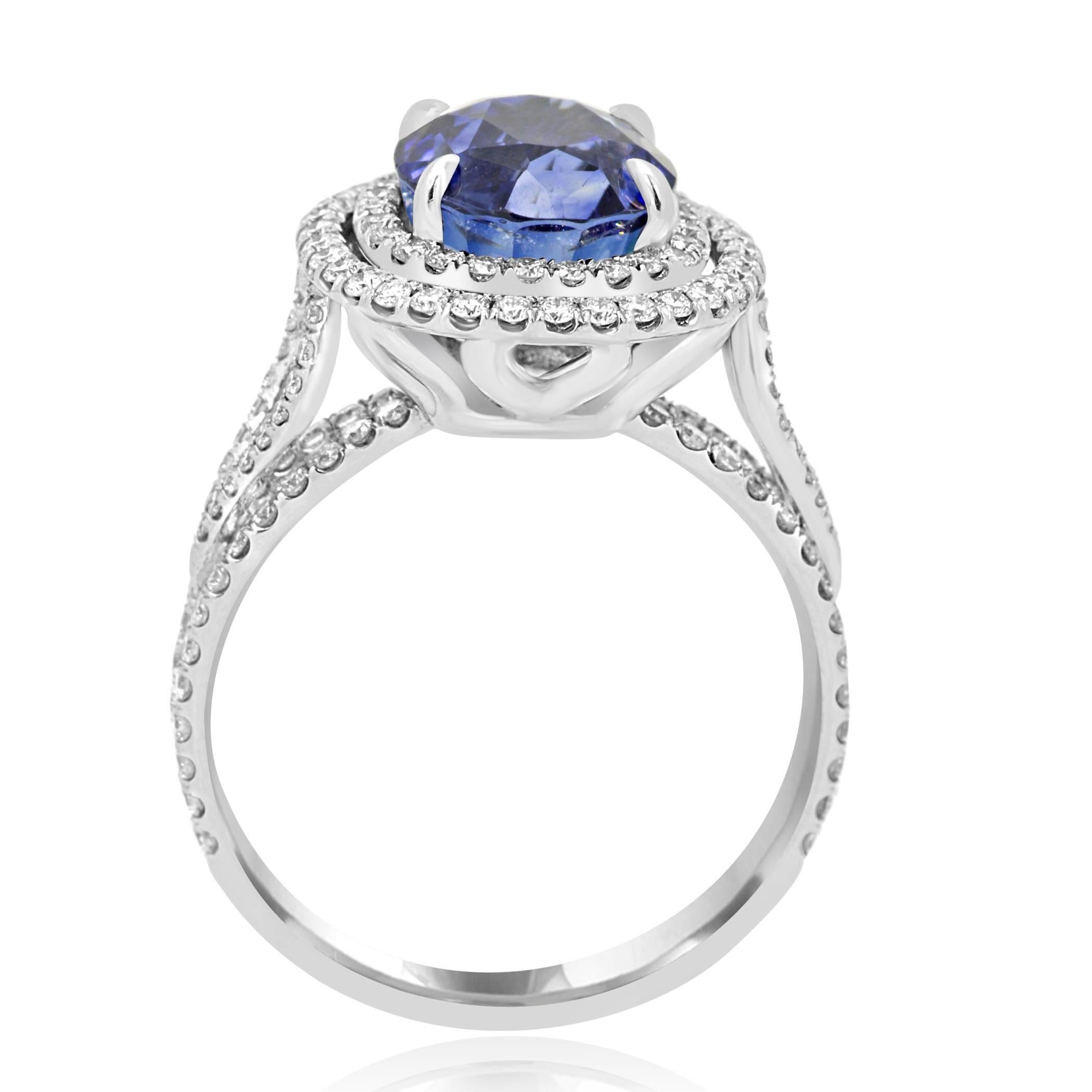 Modern Gia Certified 4.30 Carat Blue Sapphire Diamond Double Halo Bridal Gold Ring