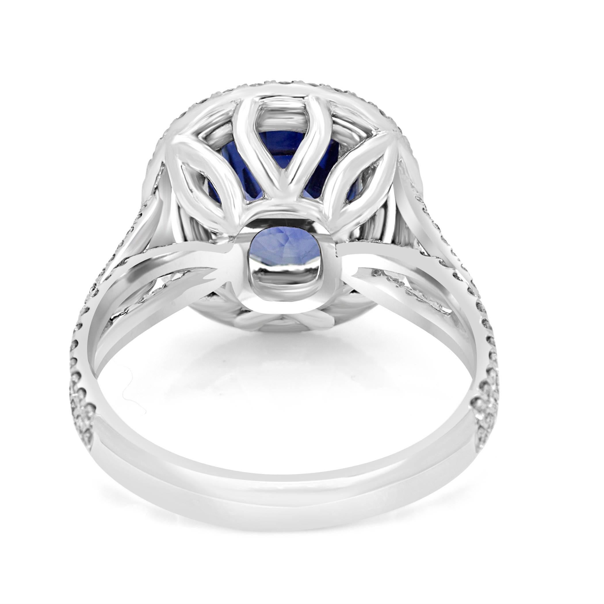 Gia Certified 4.30 Carat Blue Sapphire Diamond Double Halo Bridal Gold Ring In New Condition In NEW YORK, NY