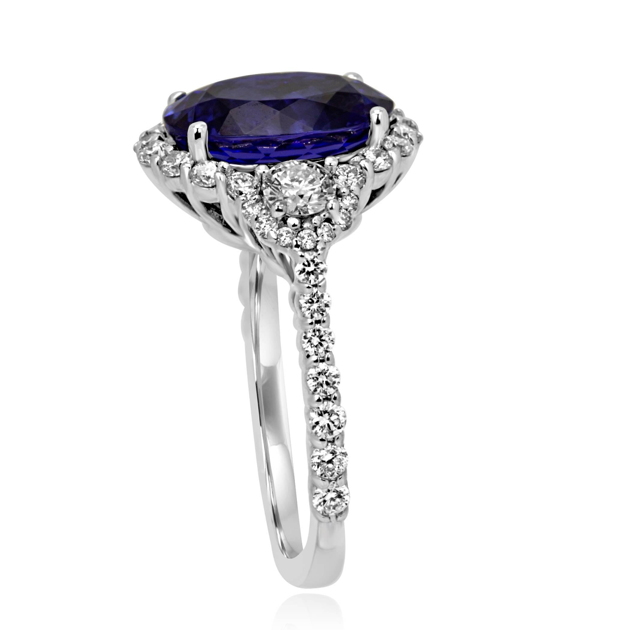 Tanzanite Oval White Diamond Round Three-Stone Bridal Fashion Halo Gold Ring In New Condition In NEW YORK, NY