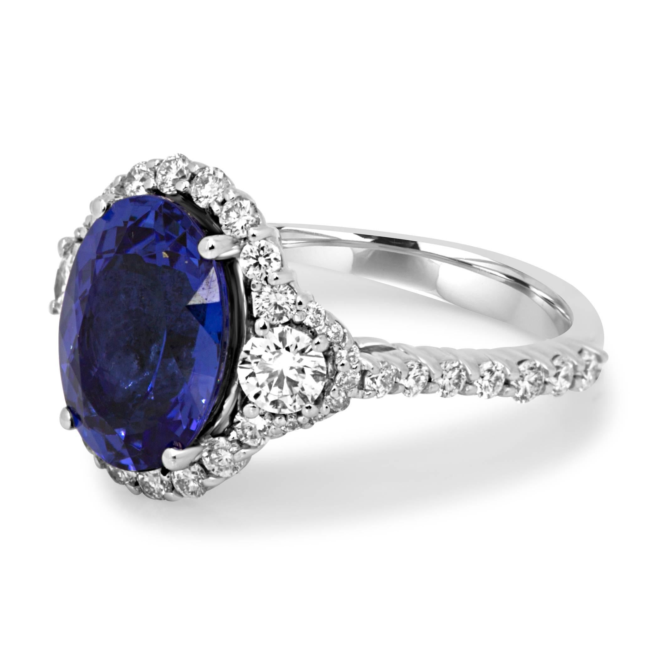 Modern Tanzanite Oval White Diamond Round Three-Stone Bridal Fashion Halo Gold Ring